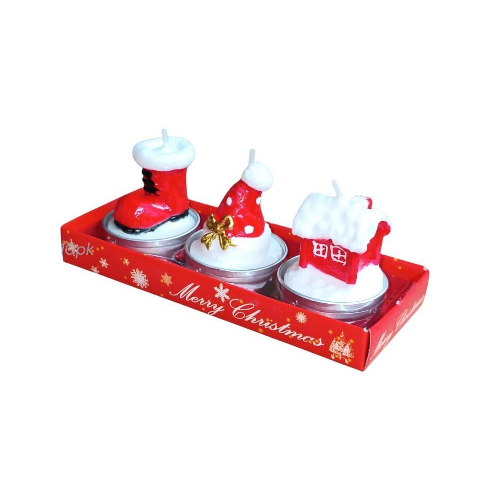 3 Adet 4cm Yılbaşı Tealight Mum Çorap Şapka Ev
