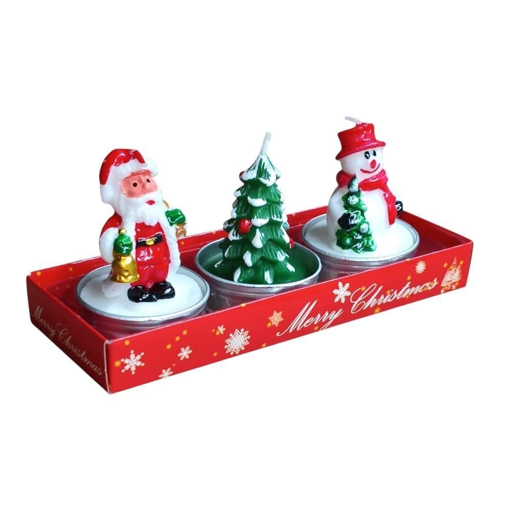 3 Adet 4cm Yılbaşı Tealight Mum Noel Baba Çam Ağacı Kardan Adam
