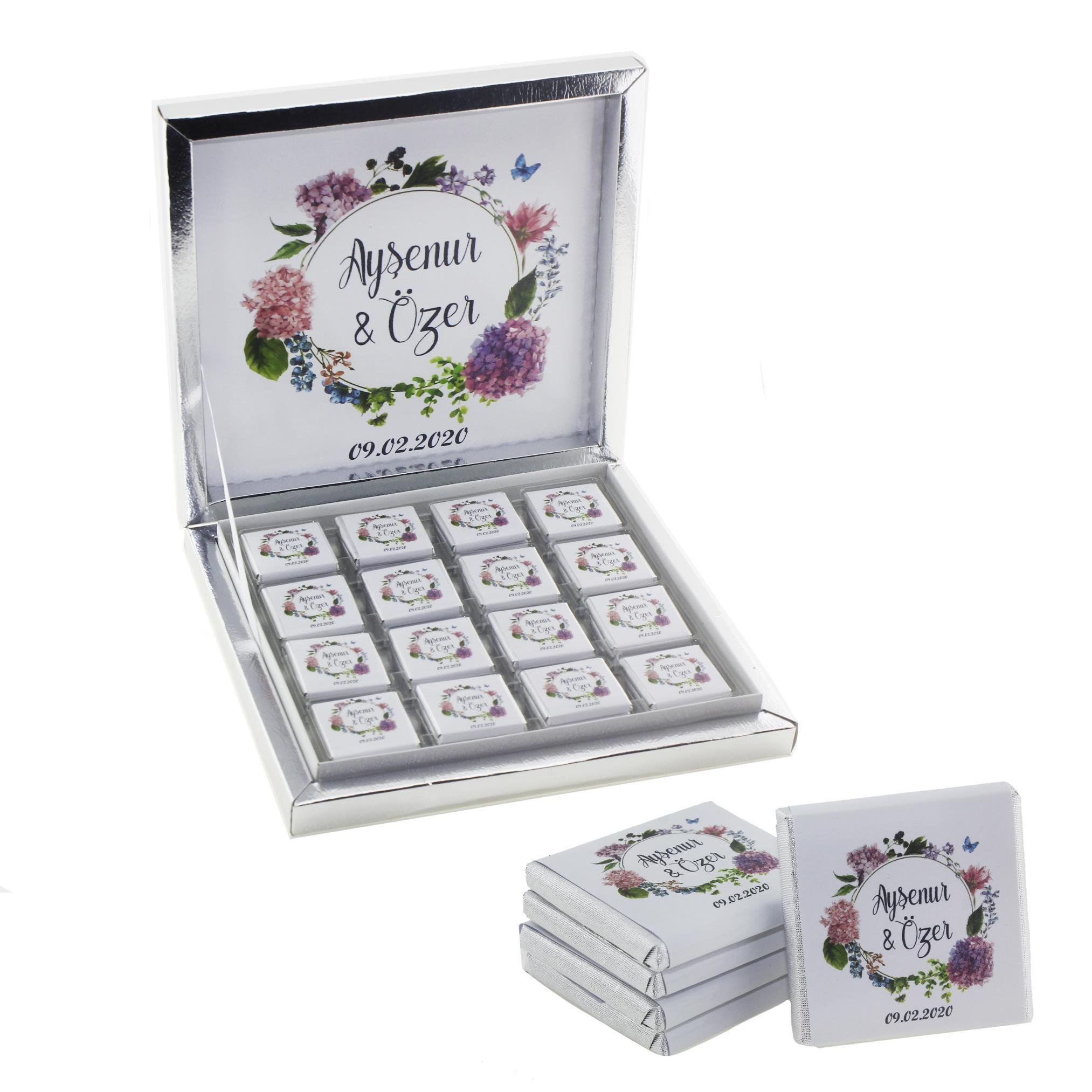 48 Adet Ortanca Çiçekli Söz Nişan Çikolatası İsme Özel