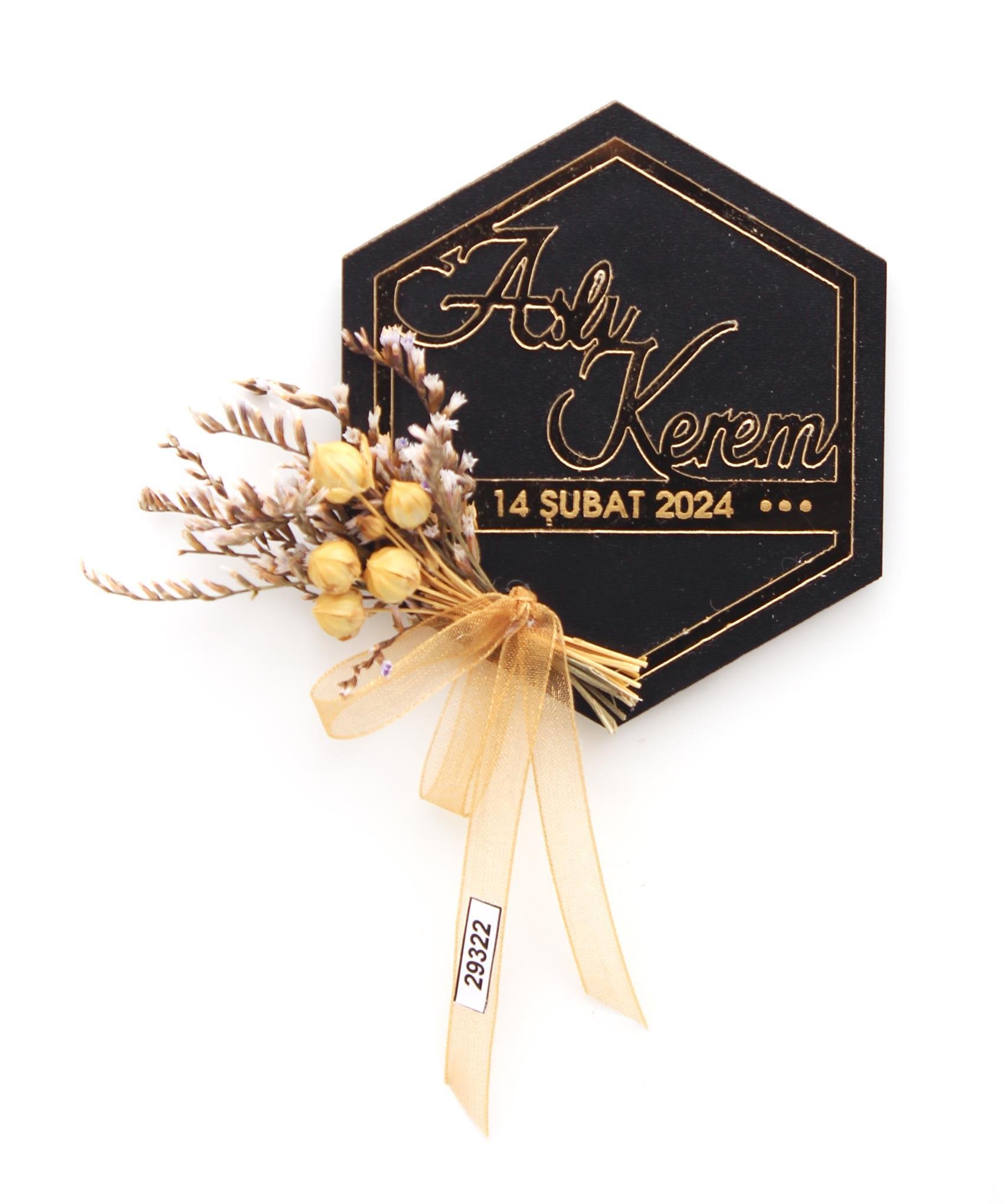 50 Adet 7x9cm Ahşap Magnet Pleksi İsimli Doğal Çiçekli Söz Nişan Düğün