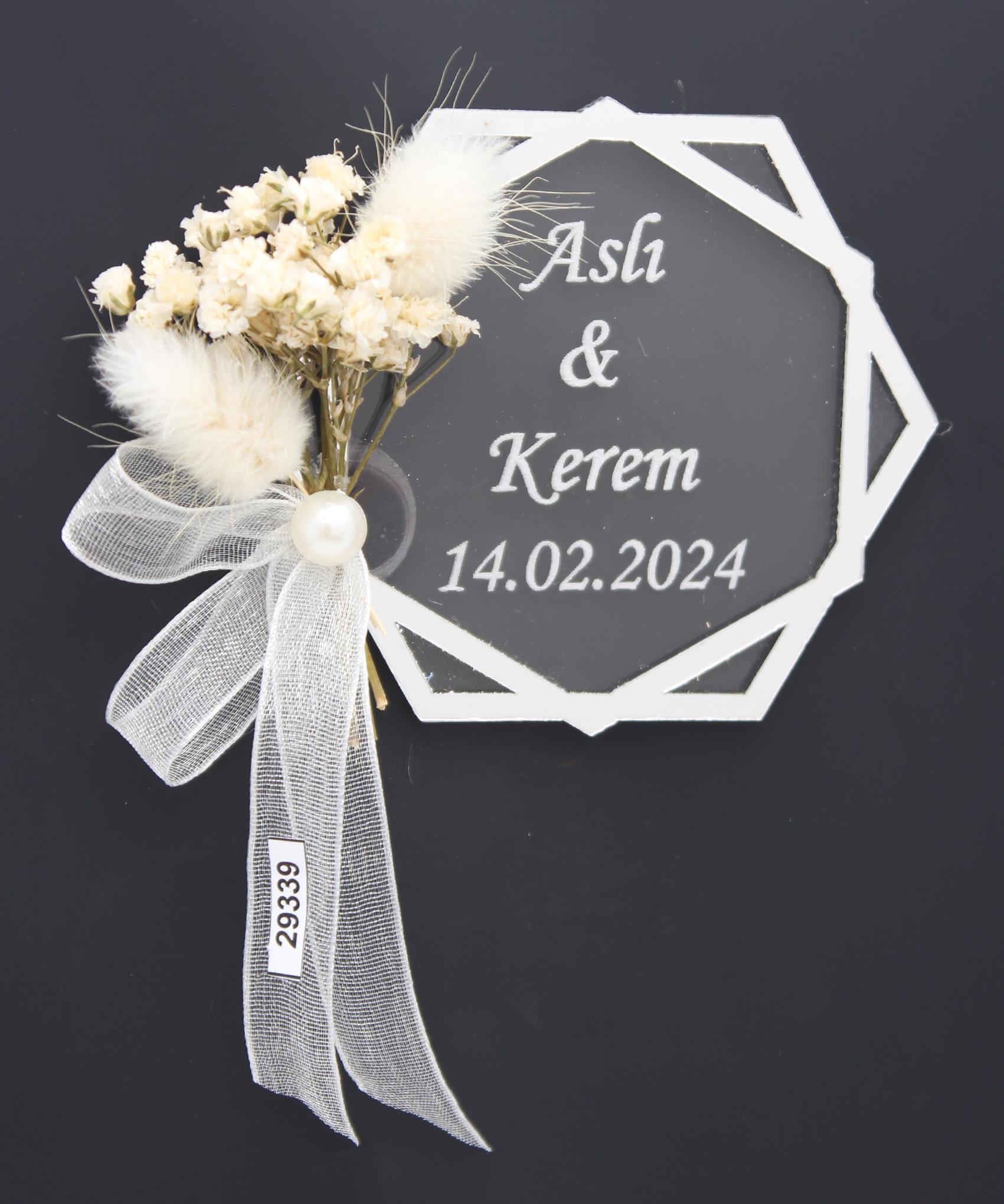 50 Adet 8x7cm Pleksi Magnet İsimli Altıgen Söz Nişan Düğün Hediyesi