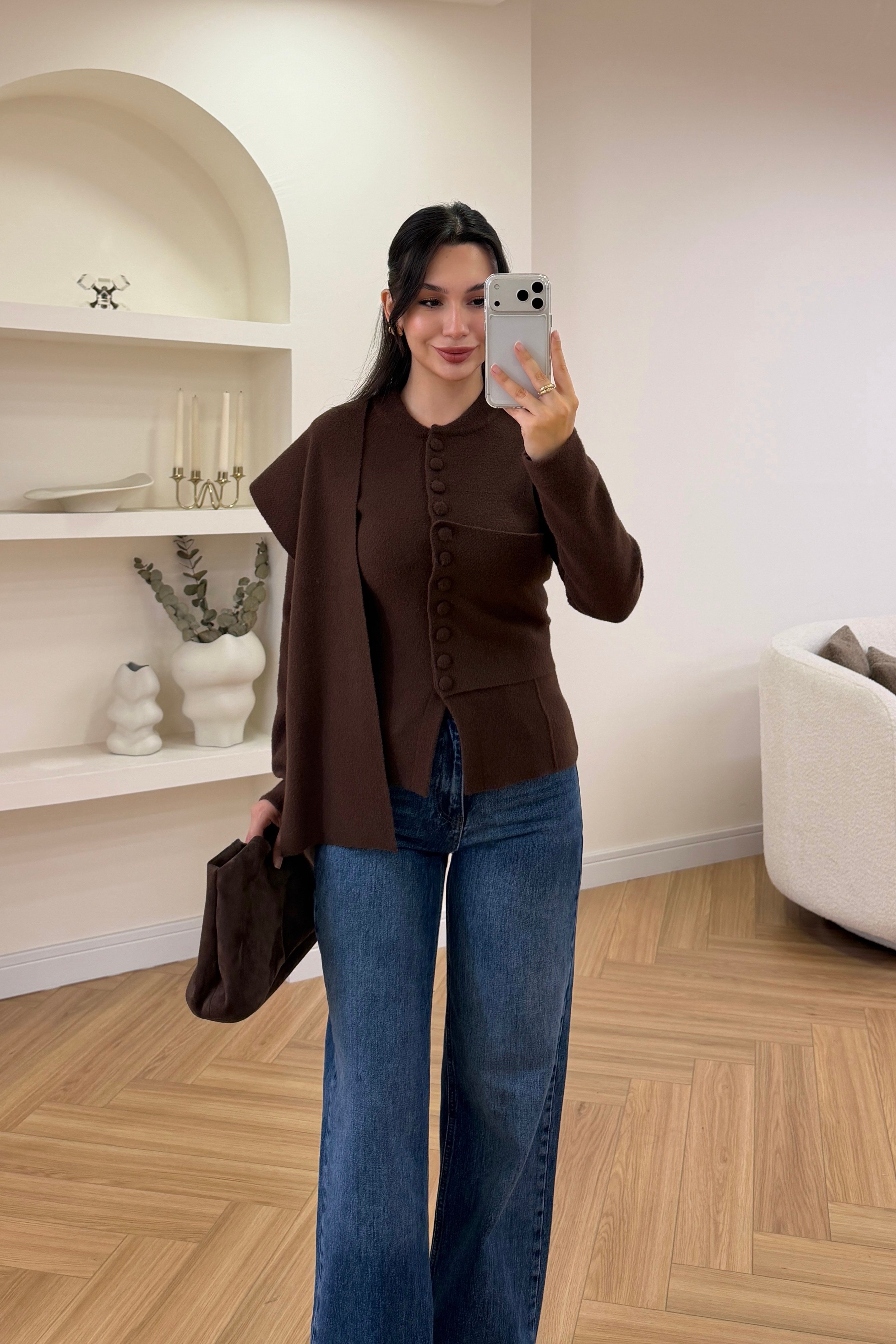 AVA ŞAL DETAYLI HIRKA - KAHVE