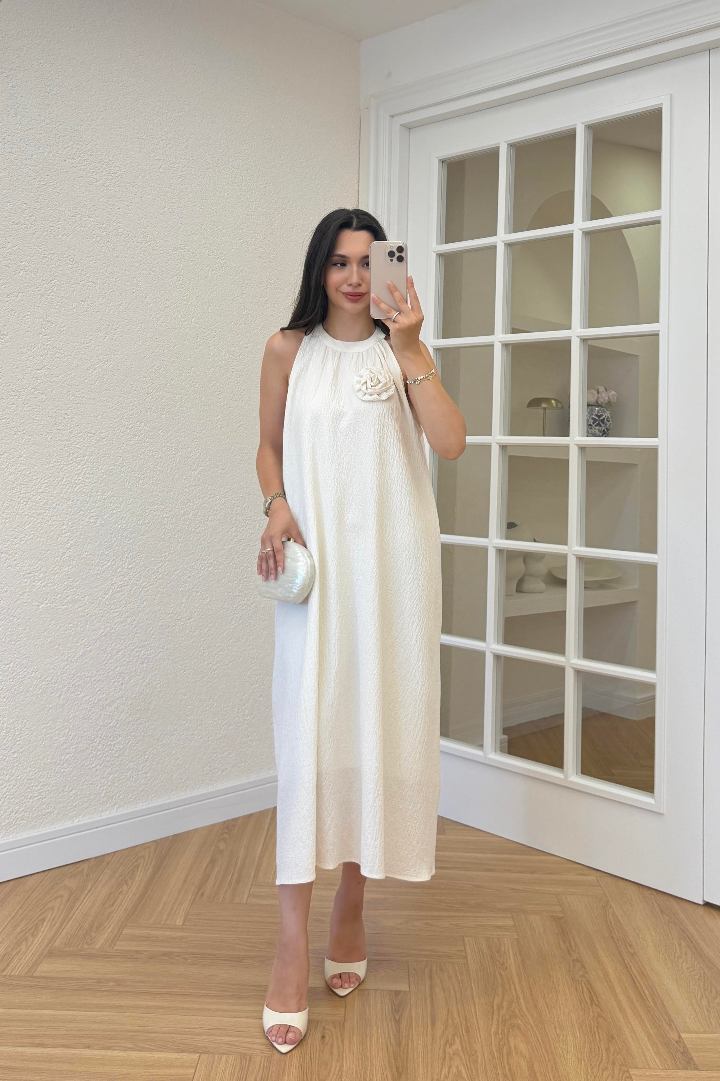 DORA GÜL BROŞLU ELBİSE - EKRU