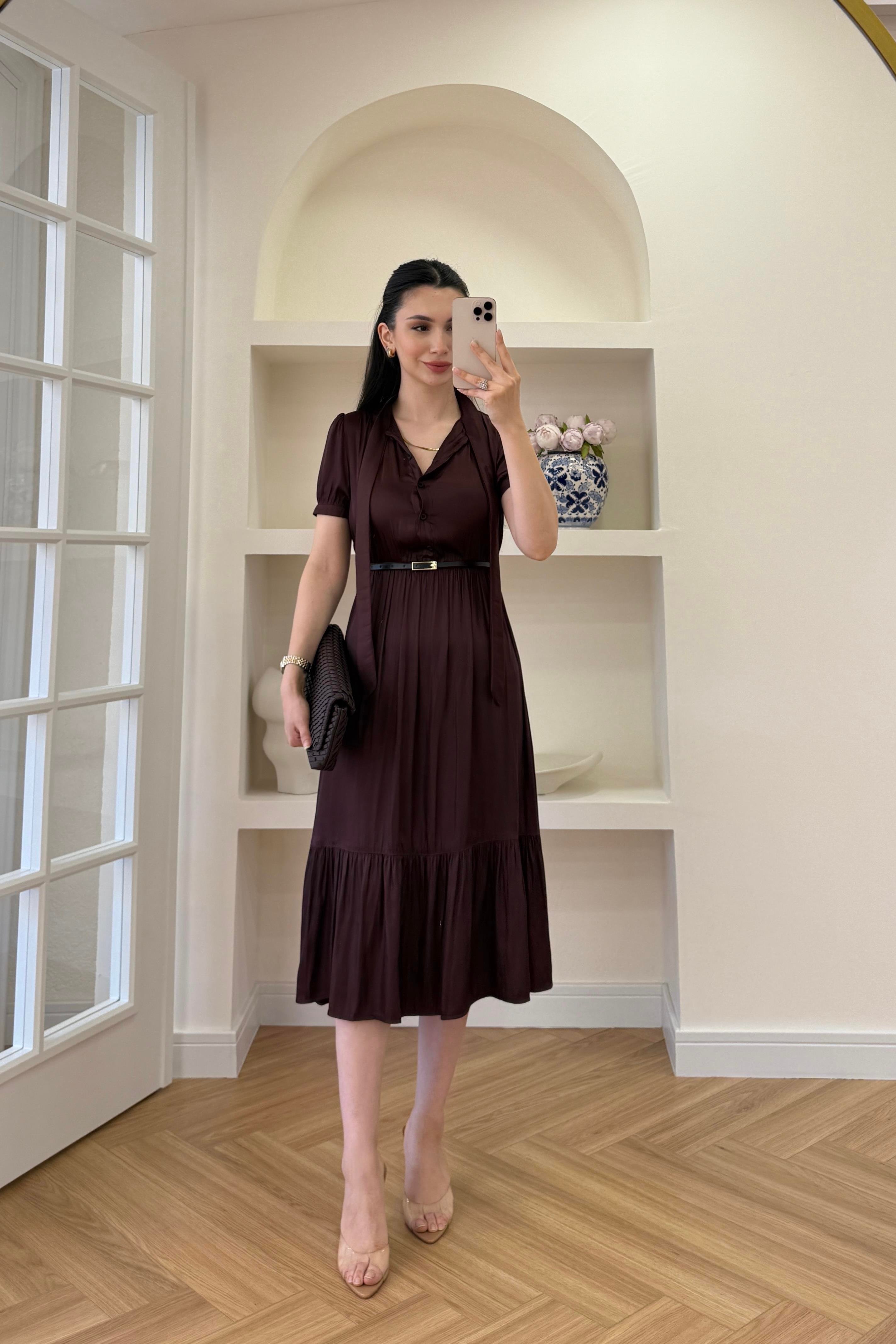 FULAR YAKA BELİ KEMERLİ ELBİSE - BORDO