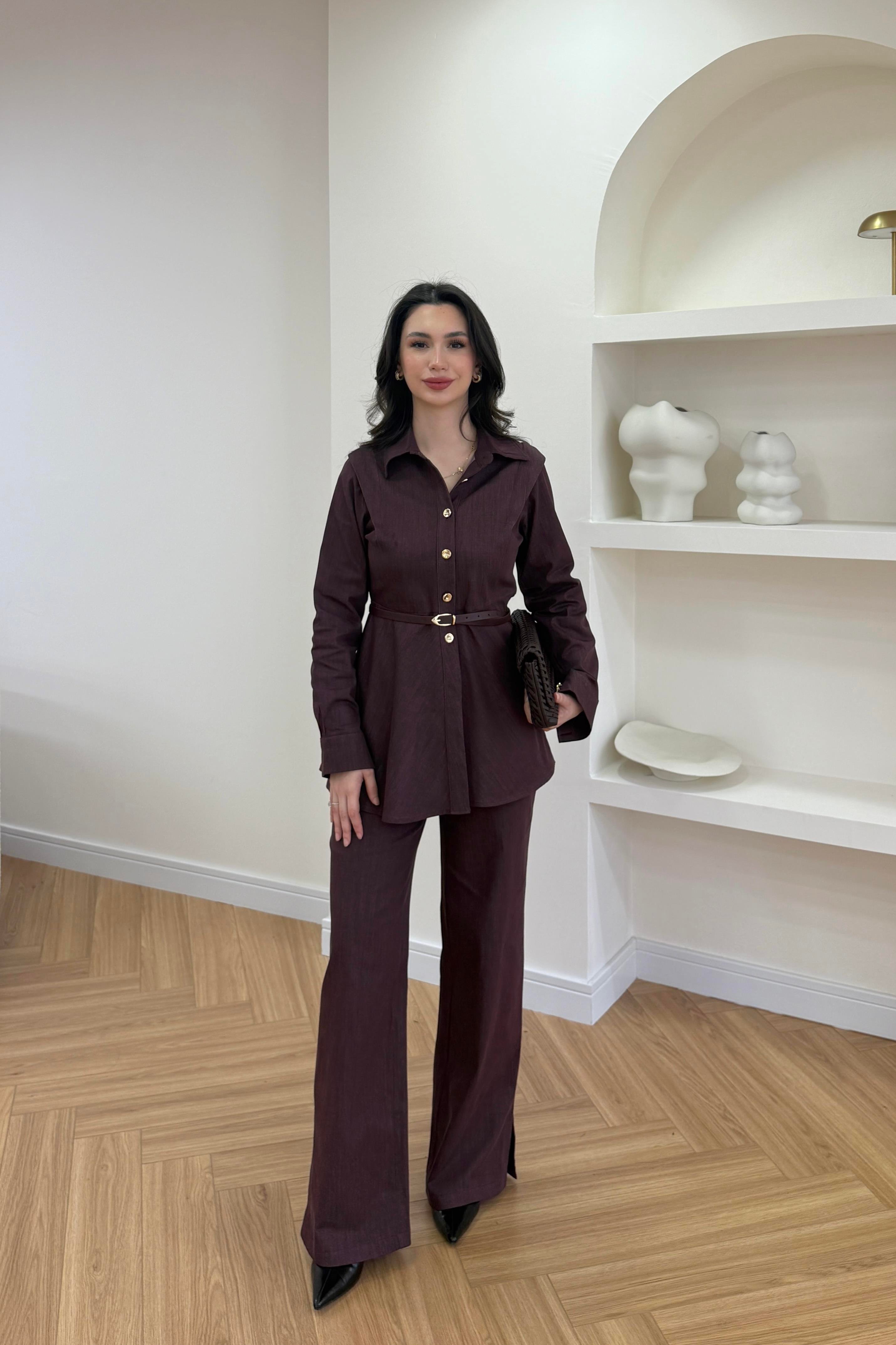 LUNA KEMERLİ DENİM TAKIM - BORDO