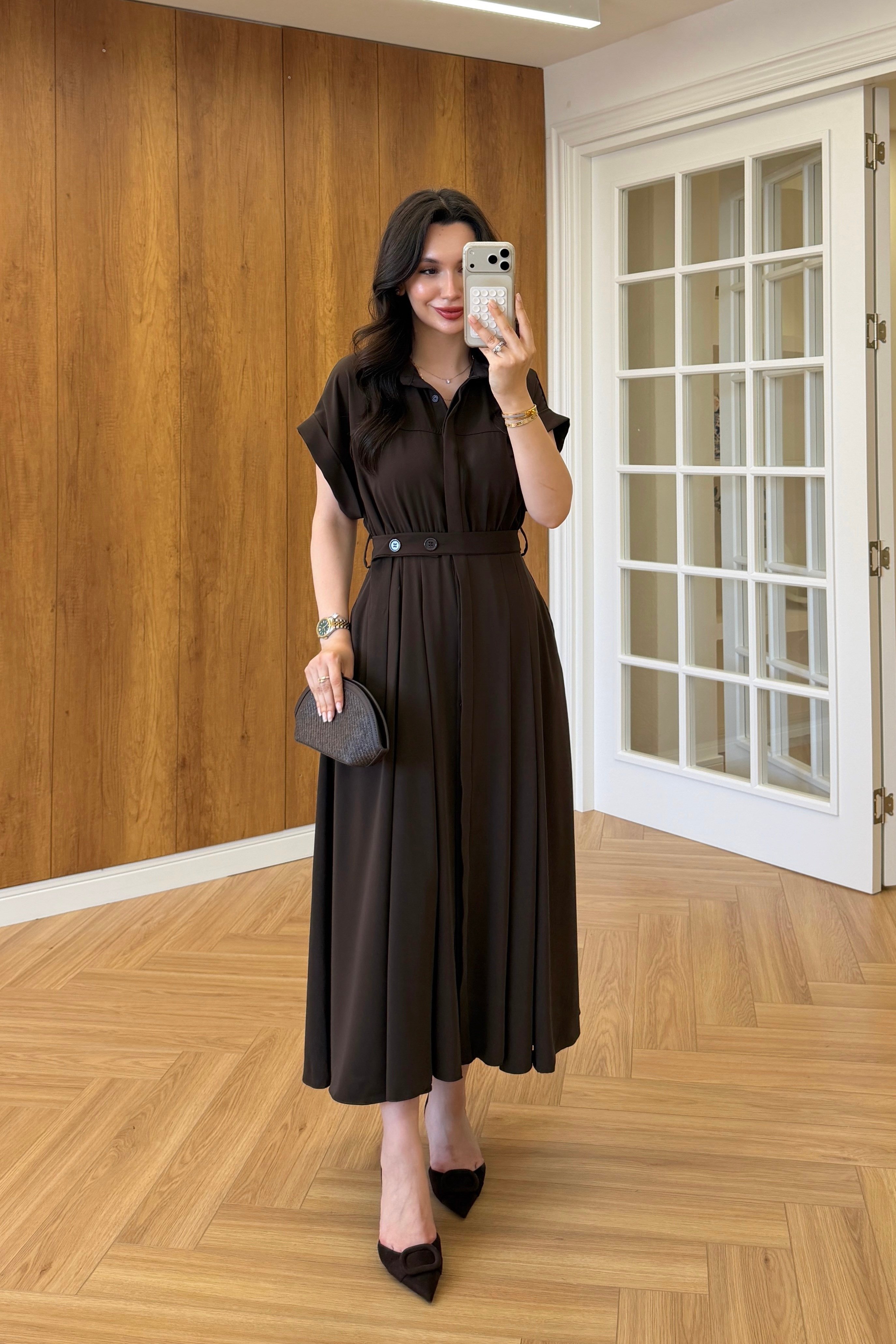 VALOR PİLELİ ELBİSE - KAHVE