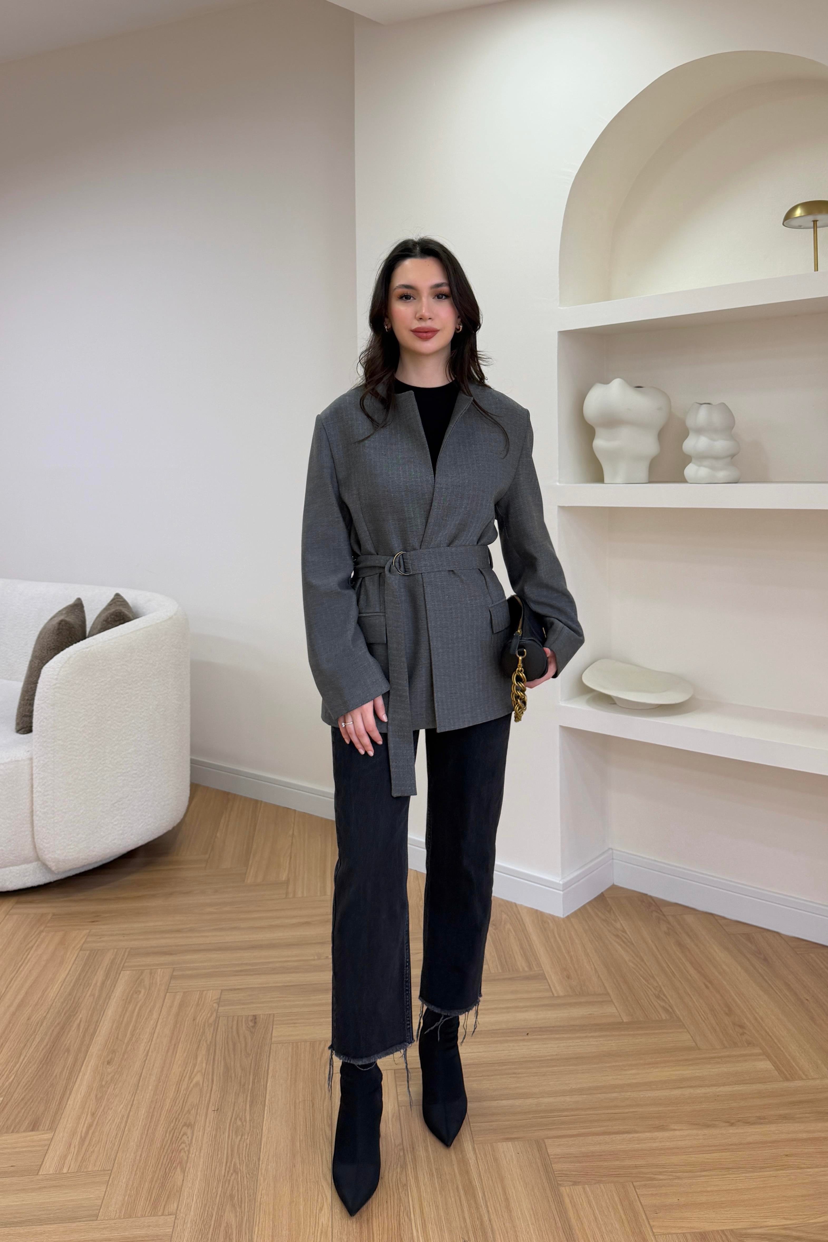 VERA KEMERLİ VATKALI CEKET- GRİ