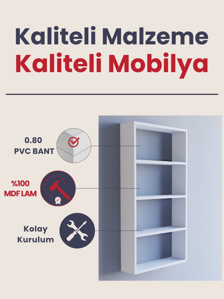 1. Sınıf Mdf 5 Raflı Dekoratif Kitaplık, Beyaz Kitaplık, Ofis Kitaplığı, Duvar Rafı 104x55cm