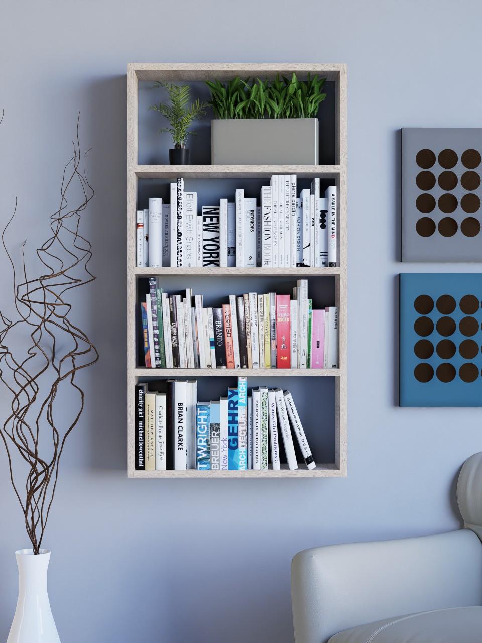 %100 MDF, 5 Raflı Dekoratif Kitaplık, Beyaz Kitaplık, Ofis Kitaplığı, Duvar Rafı 104x55cm