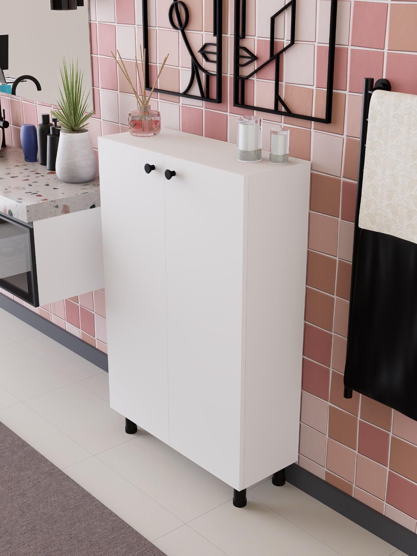 %100 MDF Ayarlanabilir Raflı Metal Ayaklı Beyaz Kiler Dolabı, 2 Kapaklı Çok Amaçlı Dolap, Mutfak Dolabı, Banyo Dolabı (BD08)