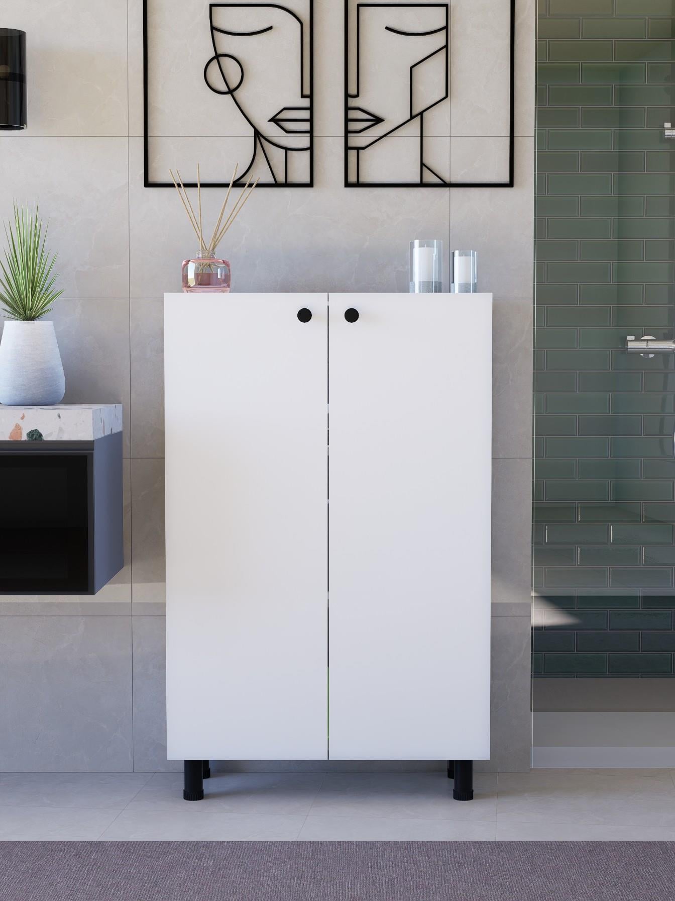 %100 MDF Ayarlanabilir Raflı Metal Ayaklı Beyaz Kiler Dolabı, 2 Kapaklı Çok Amaçlı Dolap, Mutfak Dolabı, Banyo Dolabı (BD08)