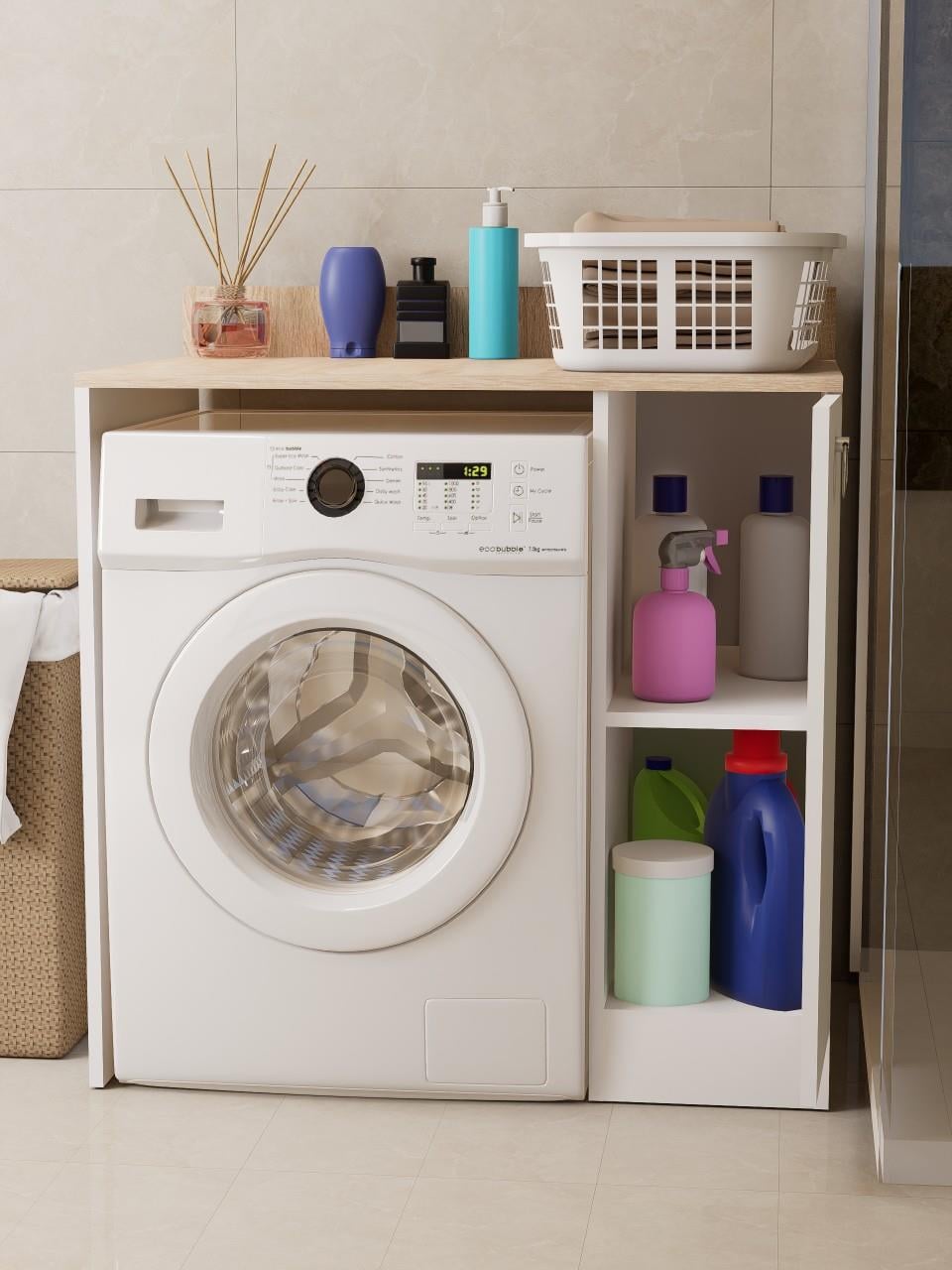 %100 MDF Çamaşır ve Kurutma Makinesi Dolabı, Kapaklı 2 Raflı Çamaşır Makinesi Düzenleyicisi
