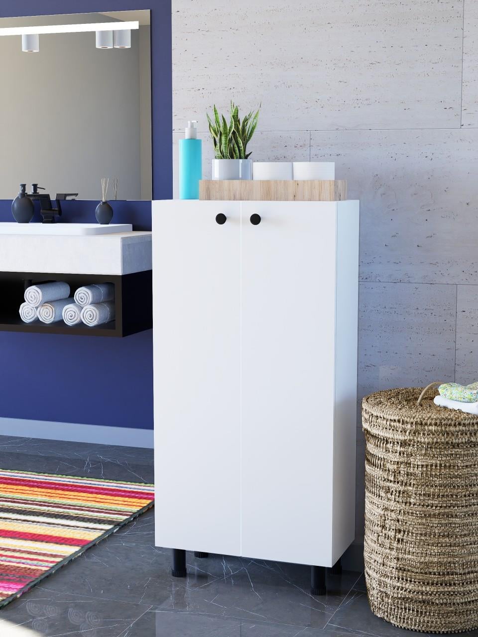 %100 MDF Çok Amaçlı Dolap, 2 Kapaklı Ayarlanabilir Raflı Metal Ayaklı Beyaz Kiler Dolabı, Mutfak Dolabı, Banyo Dolabı (BD07)