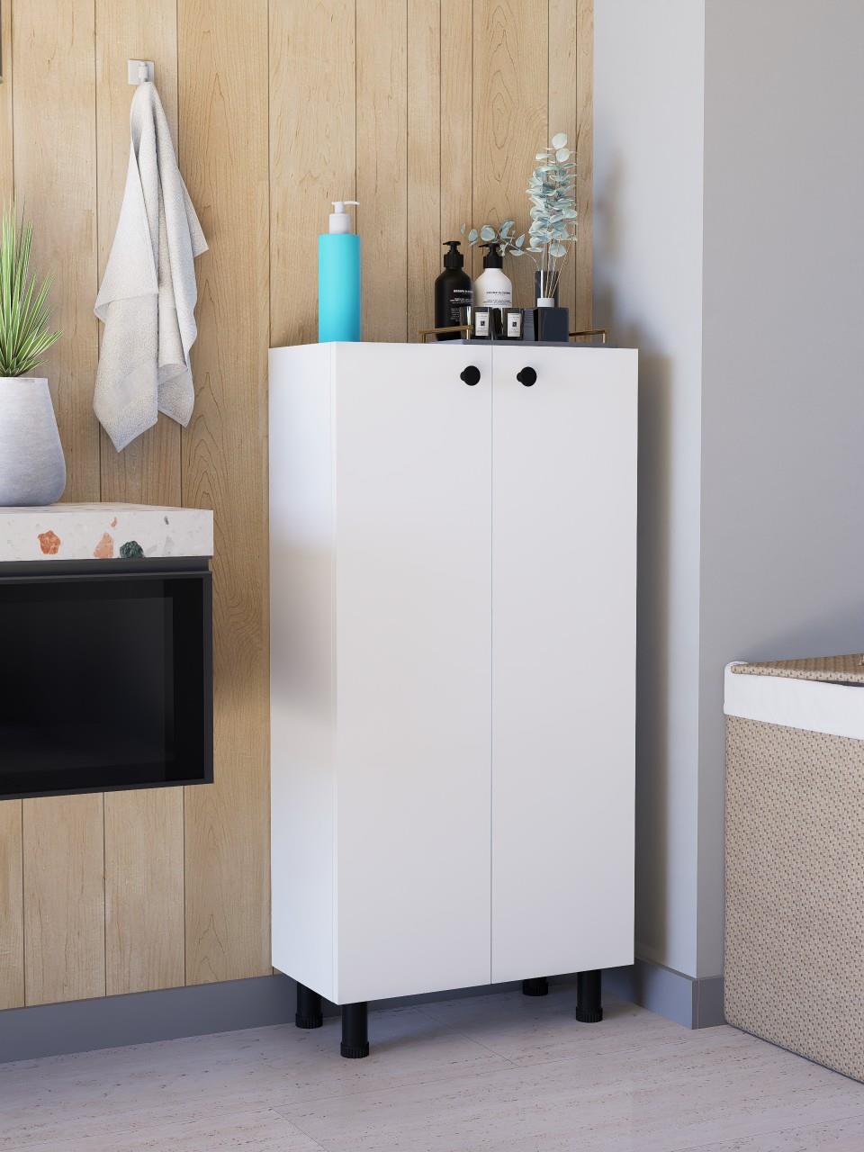 %100 MDF Çok Amaçlı Dolap, 2 Kapaklı Ayarlanabilir Raflı Metal Ayaklı Beyaz Kiler Dolabı, Mutfak Dolabı, Banyo Dolabı (BD07)