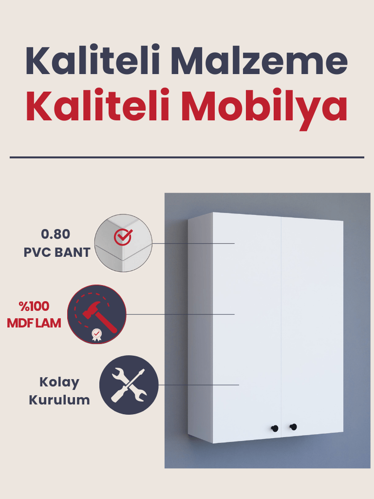 2 Kapaklı Beyaz Çok Amaçlı Dolap, Ayarlanabilir Raflı, Kulplu Kiler Dolabı, Banyo Dolabı 104x73cm %100MDF (BD11) 