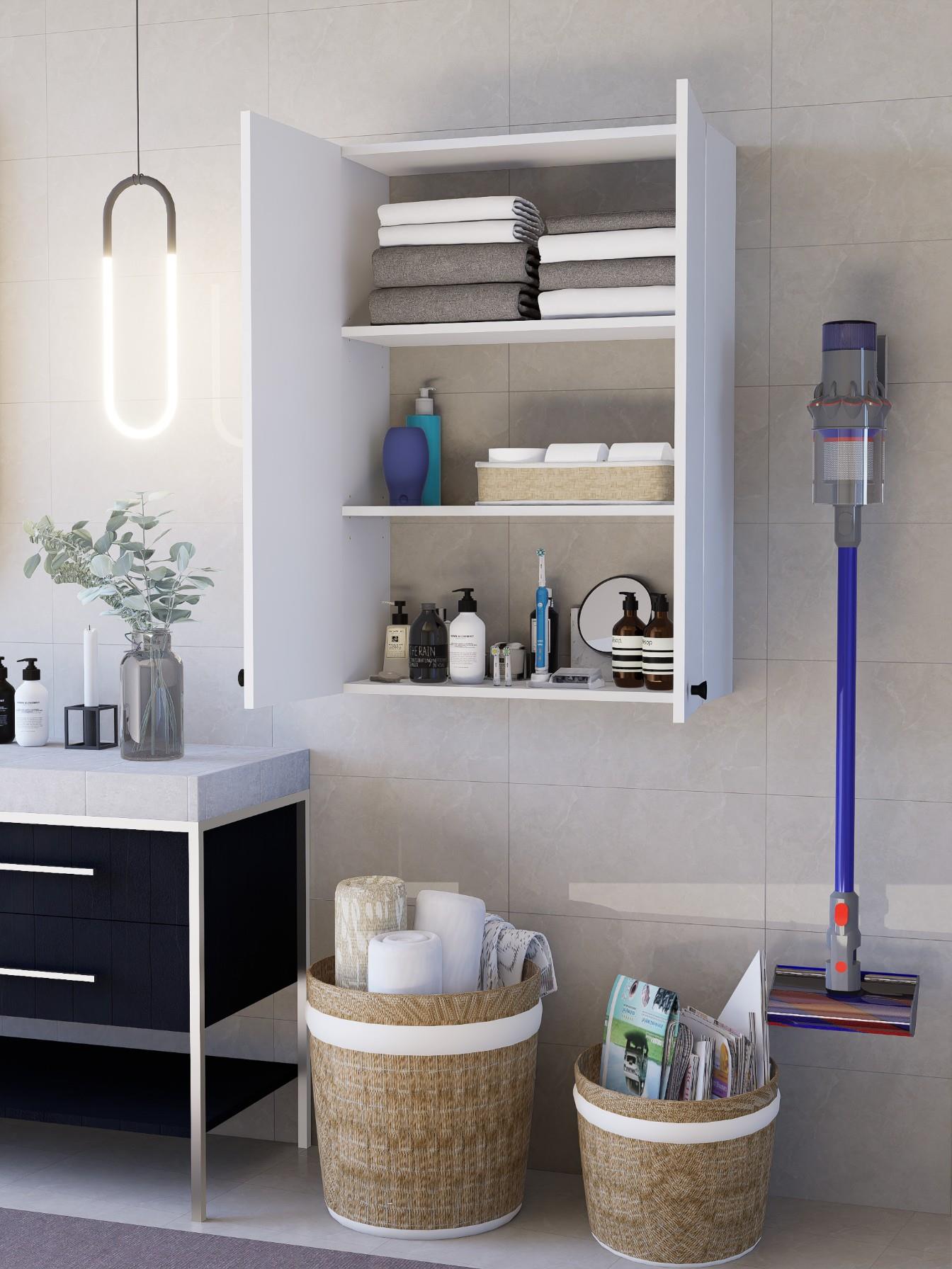 2 Kapaklı Beyaz Çok Amaçlı Dolap, Ayarlanabilir Raflı, Kulplu Kiler Dolabı, Banyo Dolabı 104x73cm %100MDF (BD11) 