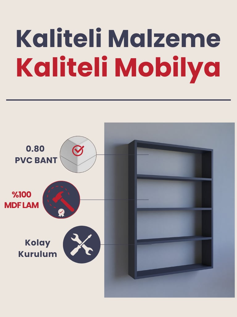 5 Raflı Dekoratif Kitaplık, Geniş Kitaplık, Ofis Kitaplığı, Duvar Rafı %100MDF 104x72,5cm