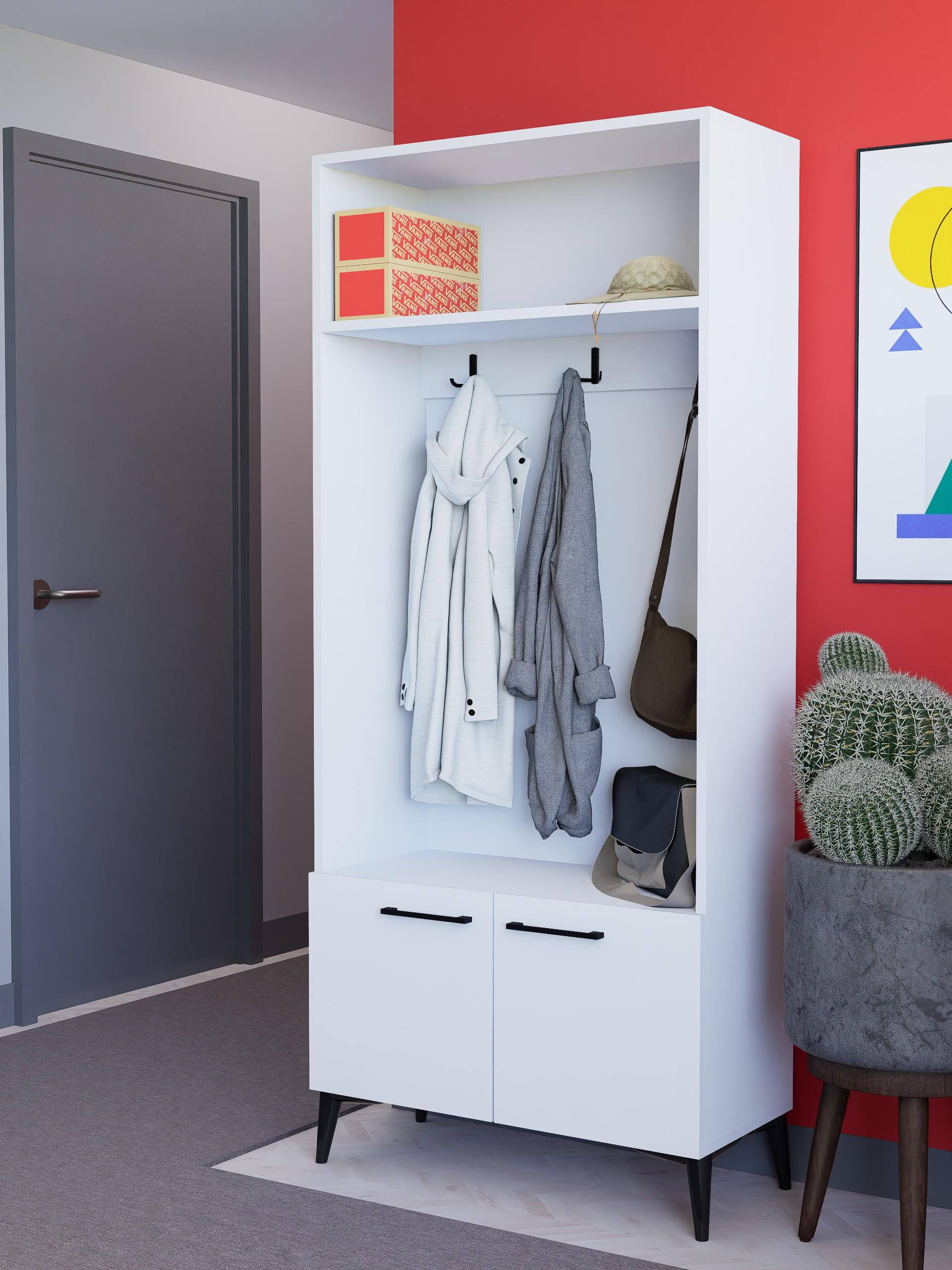 Ayakkabılıklı, Askılıklı Modern Beyaz Portmanto | %100 MDF Raflı Vestiyer | Antre Dolabı (VST04)