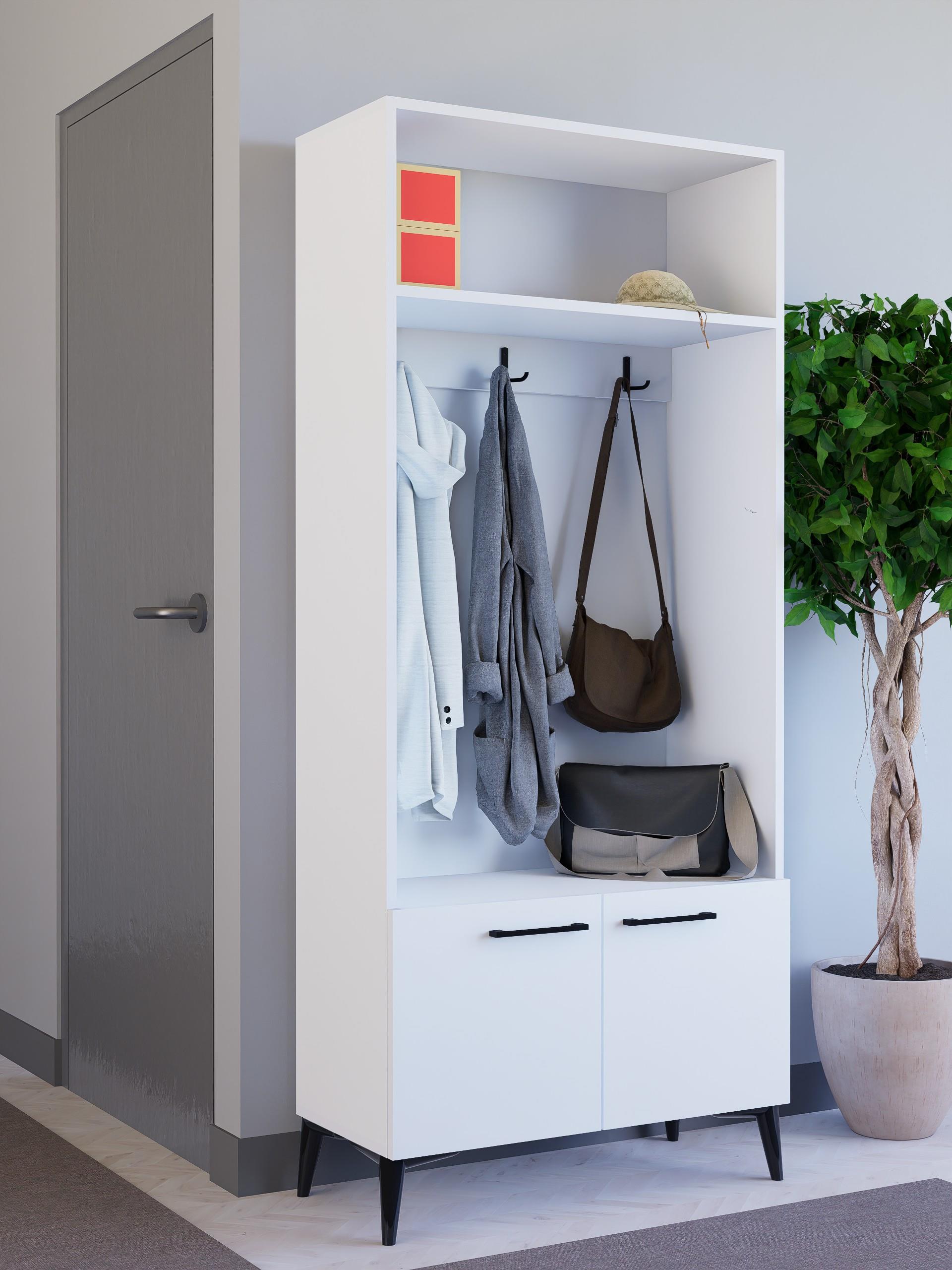 Ayakkabılıklı, Askılıklı Modern Beyaz Portmanto | %100 MDF Raflı Vestiyer | Antre Dolabı (VST04)