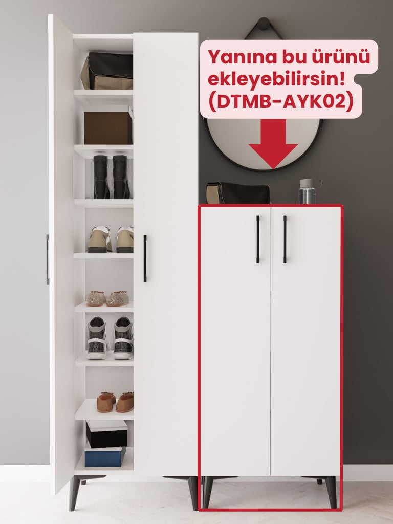 Beyaz Ayakkabılık Çok Amaçlı Dolap | 8 Raflı 2 Kapaklı %100 MDF Kiler Dolabı | Antre, Banyo, Giriş İçin Şık Depolama Ünitesi (AYK03)