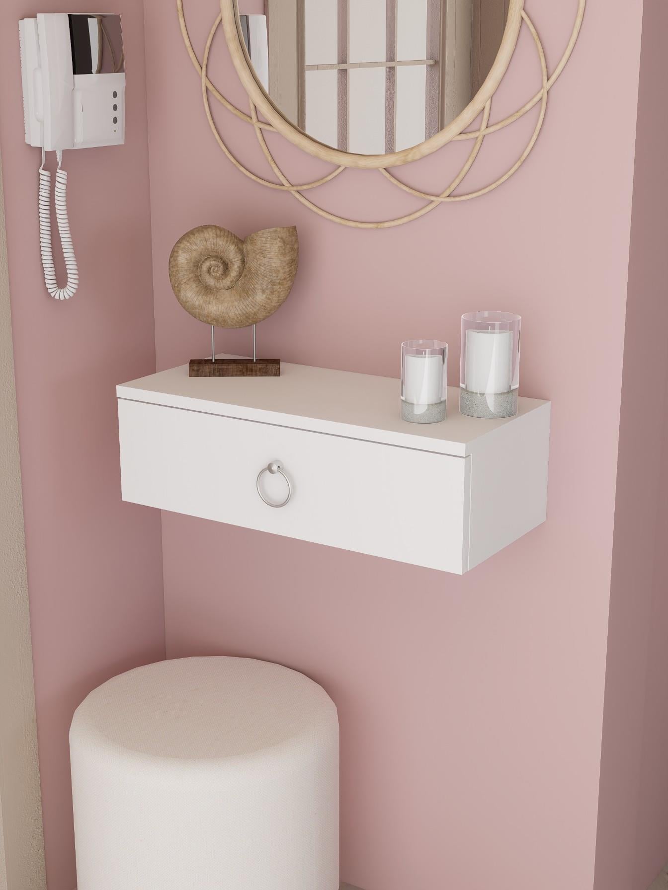 Beyaz Duvara Monte Dresuar | Halka Kulplu Tek Kapaklı %100 MDF Konsol | Şık ve Modern Dekoratif Raf (60 cm) (VST07)