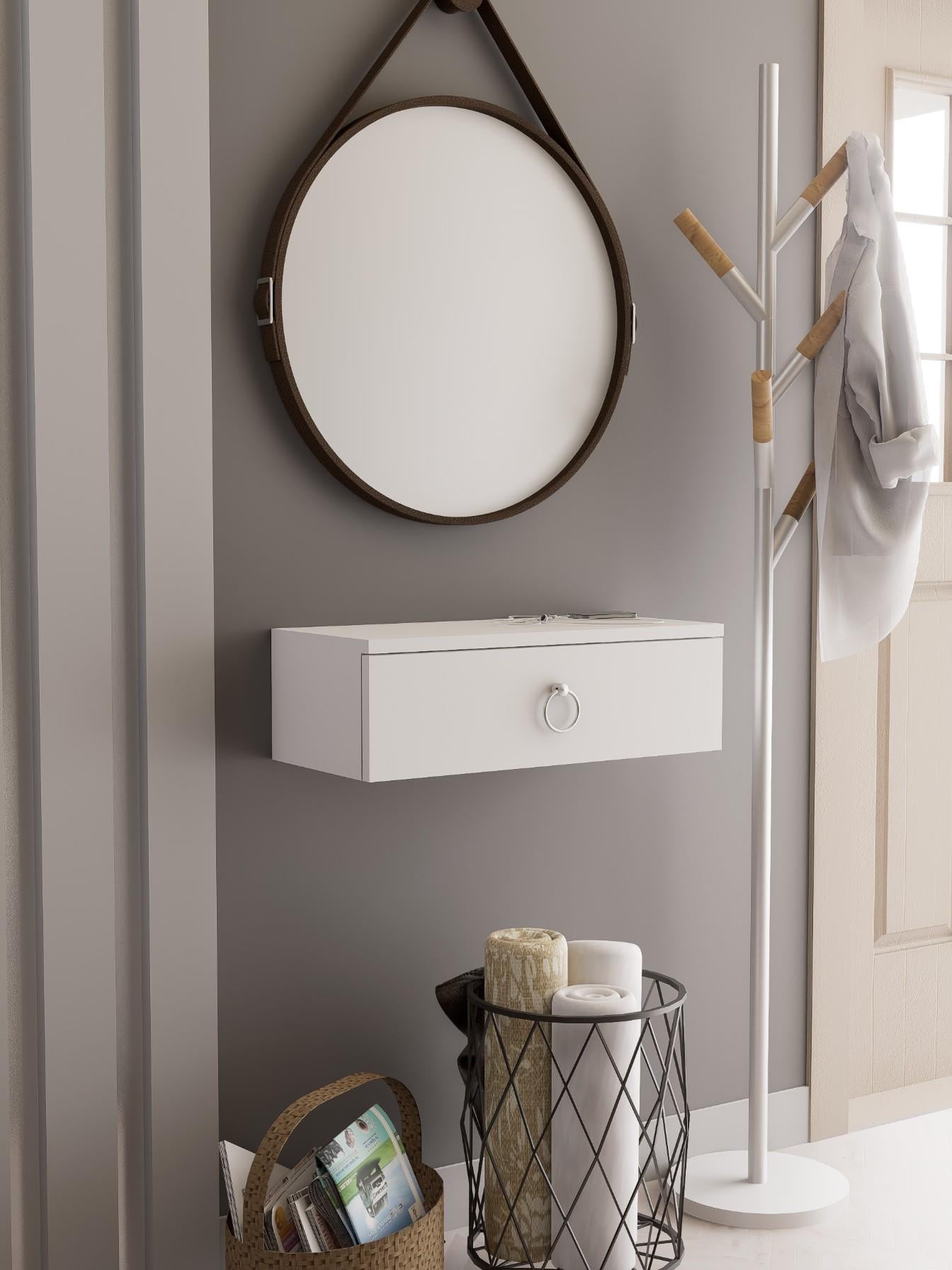 Beyaz Duvara Monte Dresuar | Halka Kulplu Tek Kapaklı %100 MDF Konsol | Şık ve Modern Dekoratif Raf (60 cm) (VST07)