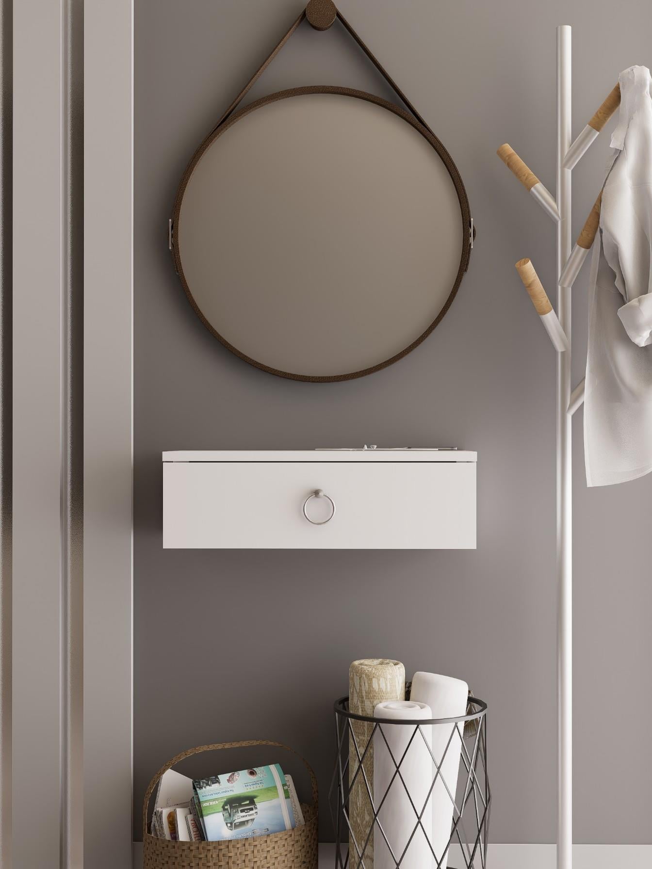 Beyaz Duvara Monte Dresuar | Halka Kulplu Tek Kapaklı %100 MDF Konsol | Şık ve Modern Dekoratif Raf (60 cm) (VST07)