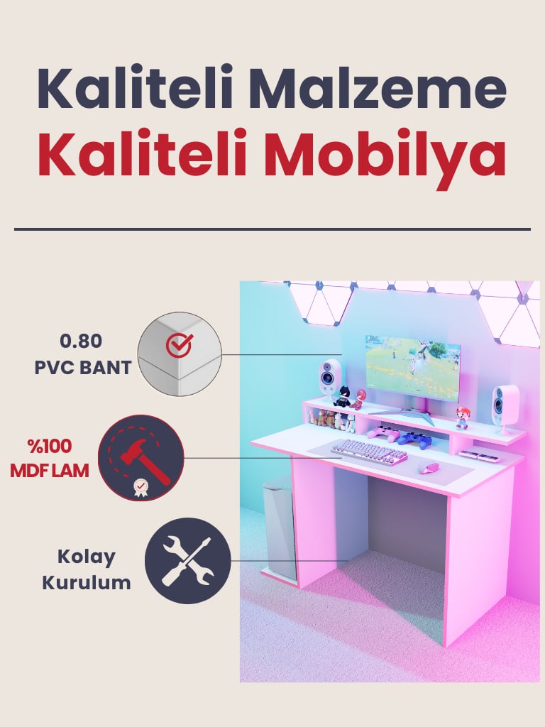 Beyaz Oyuncu Masası, %100 MDF, Profesyonel Gaming Oyuncu Masası, Pembe - Beyaz, 60x120cm