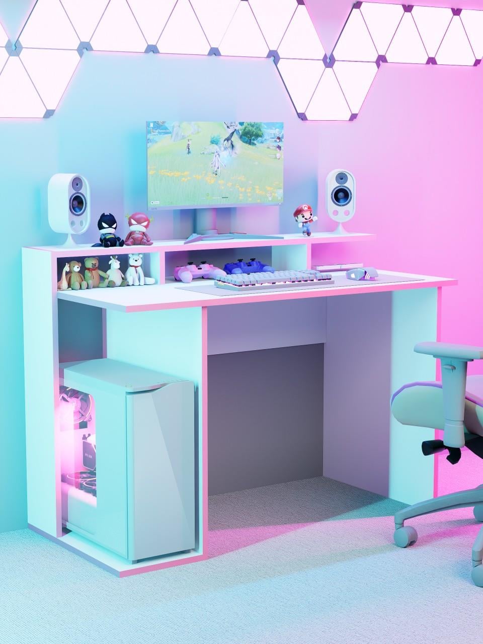 Beyaz Oyuncu Masası, %100 MDF, Profesyonel Gaming Oyuncu Masası, Pembe - Beyaz, 60x120cm