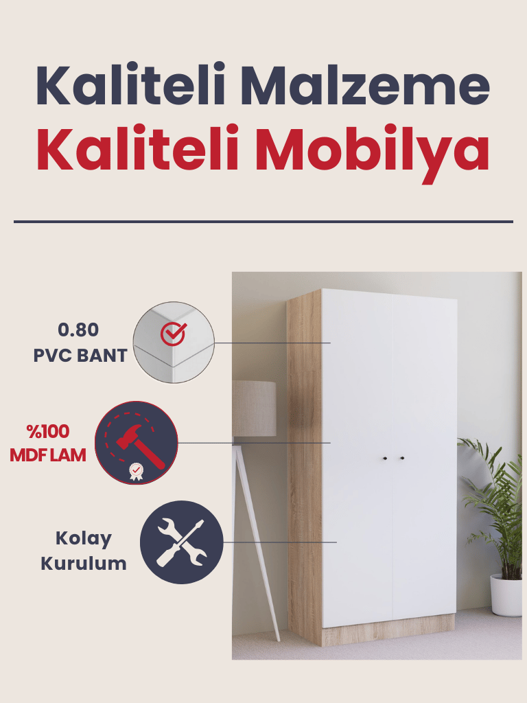 Detamob 2 Kapaklı Tek Kişilik Gardırop, %100 MDF Sonoma/Beyaz 