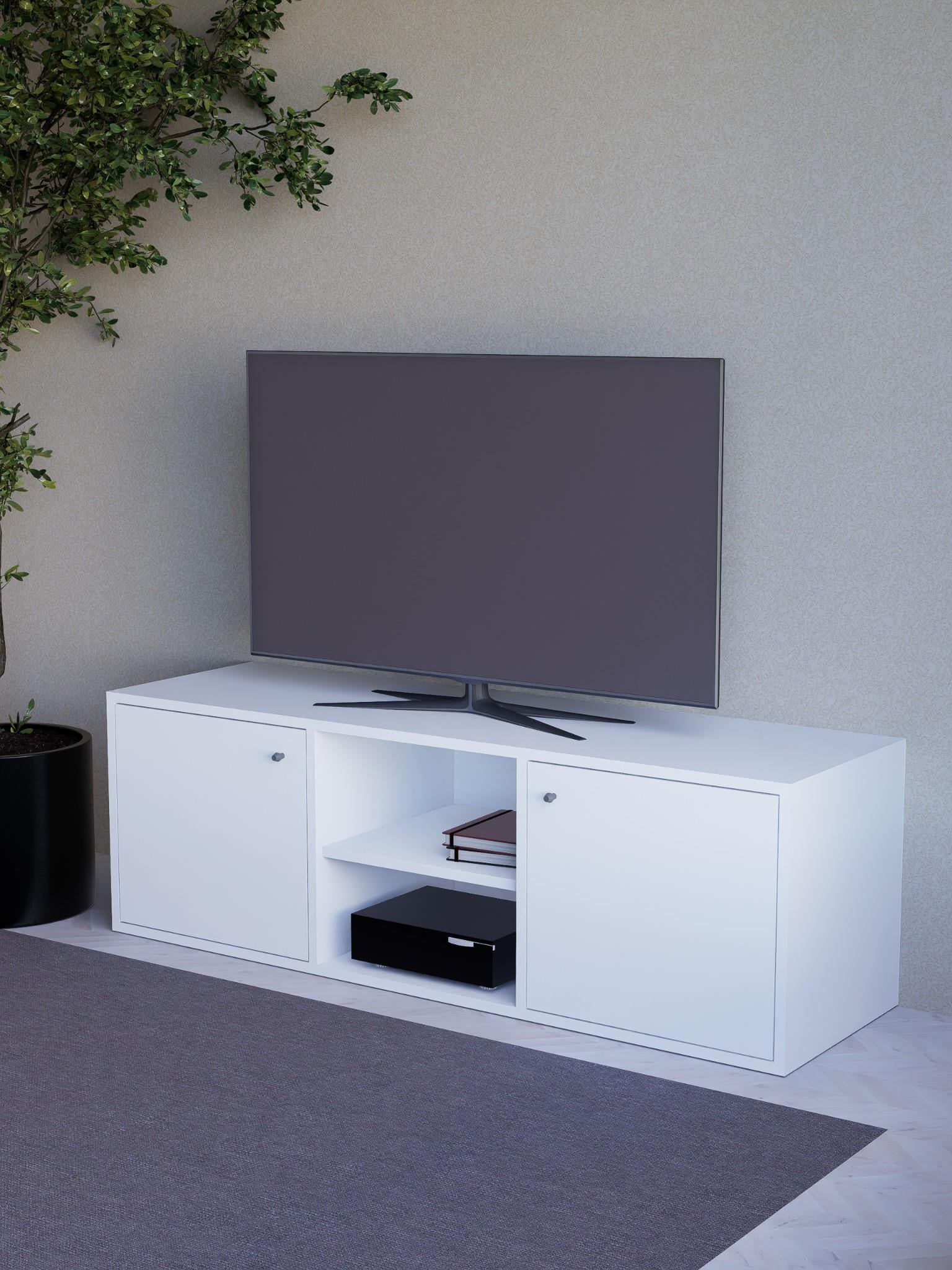 Detamob Beyaz Tv Ünitesi, 2 Kapaklı Raflı Tv Sehpası - 138cm MDF