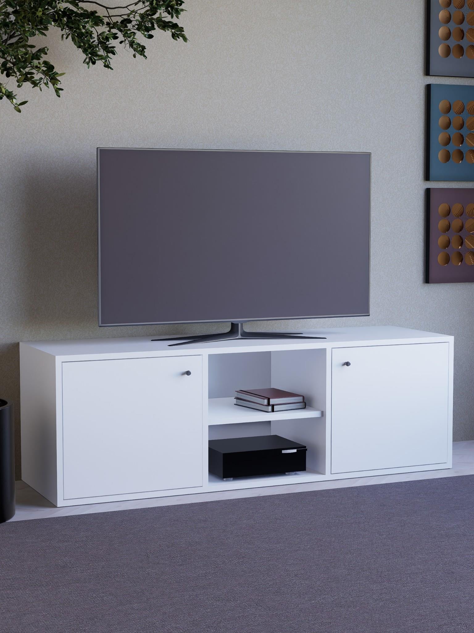 Detamob Beyaz Tv Ünitesi, 2 Kapaklı Raflı Tv Sehpası - 138cm MDF