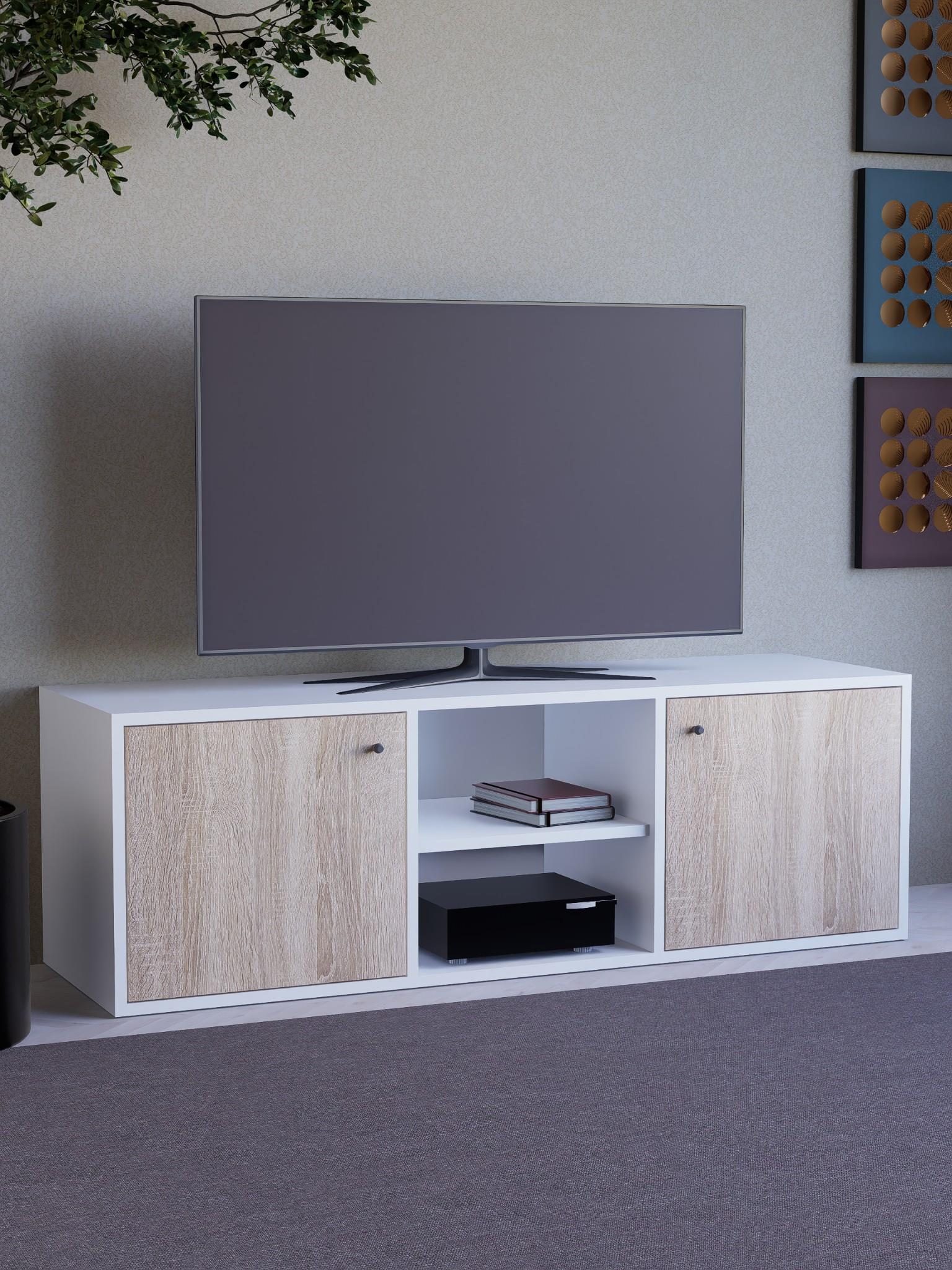Detamob Beyaz Tv Ünitesi, 2 Kapaklı Raflı Tv Sehpası - 138cm MDF