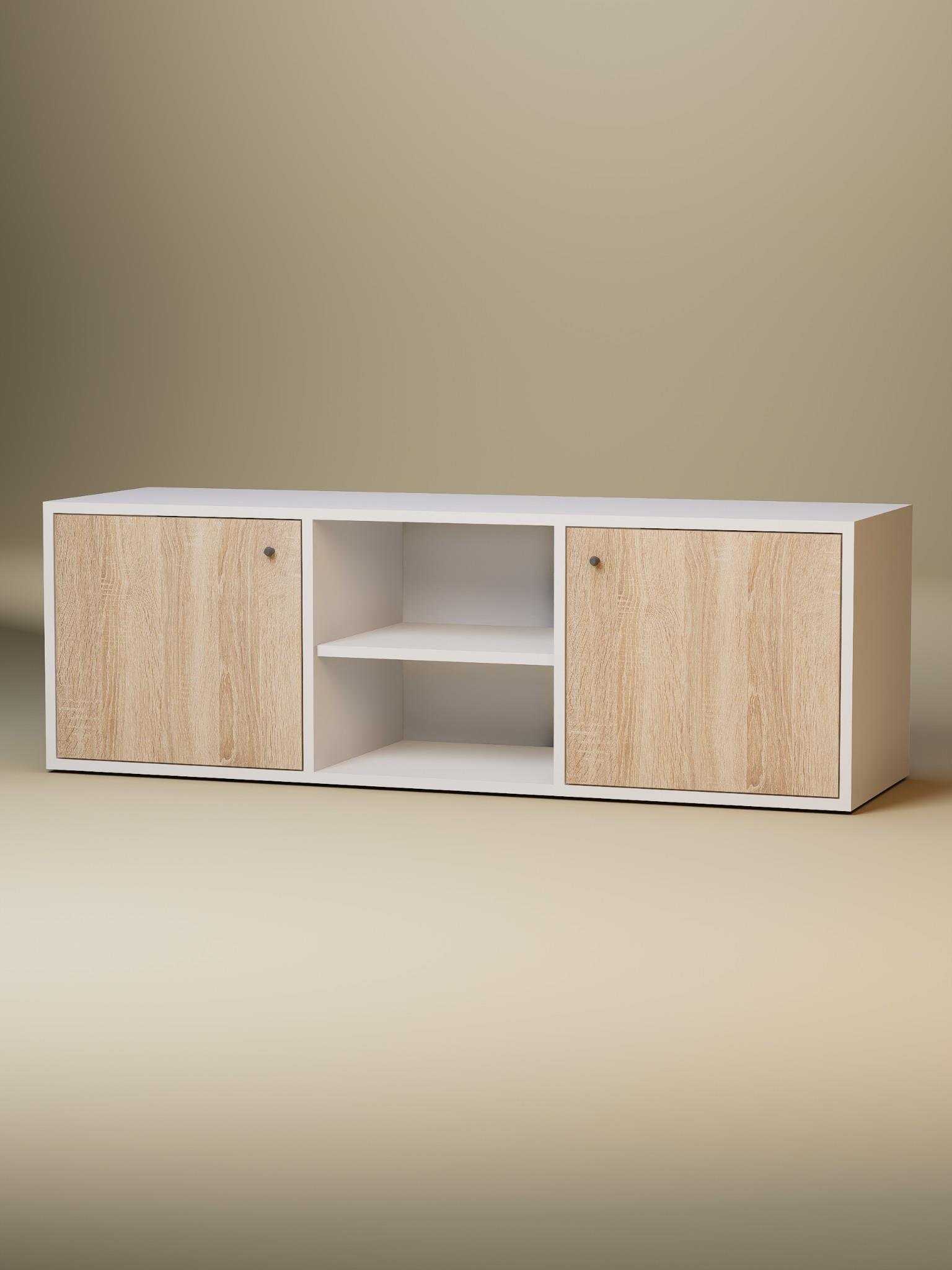 Detamob Beyaz Tv Ünitesi, 2 Kapaklı Raflı Tv Sehpası - 138cm MDF