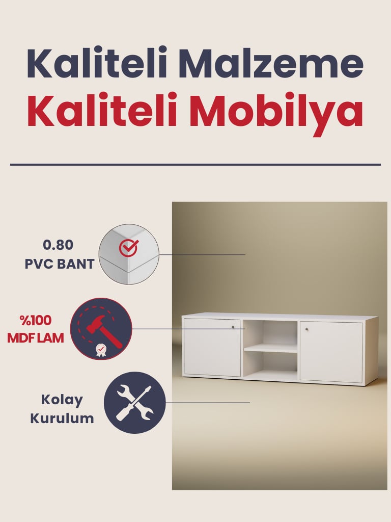 Detamob Beyaz Tv Ünitesi, 2 Kapaklı Raflı Tv Sehpası - 138cm MDF