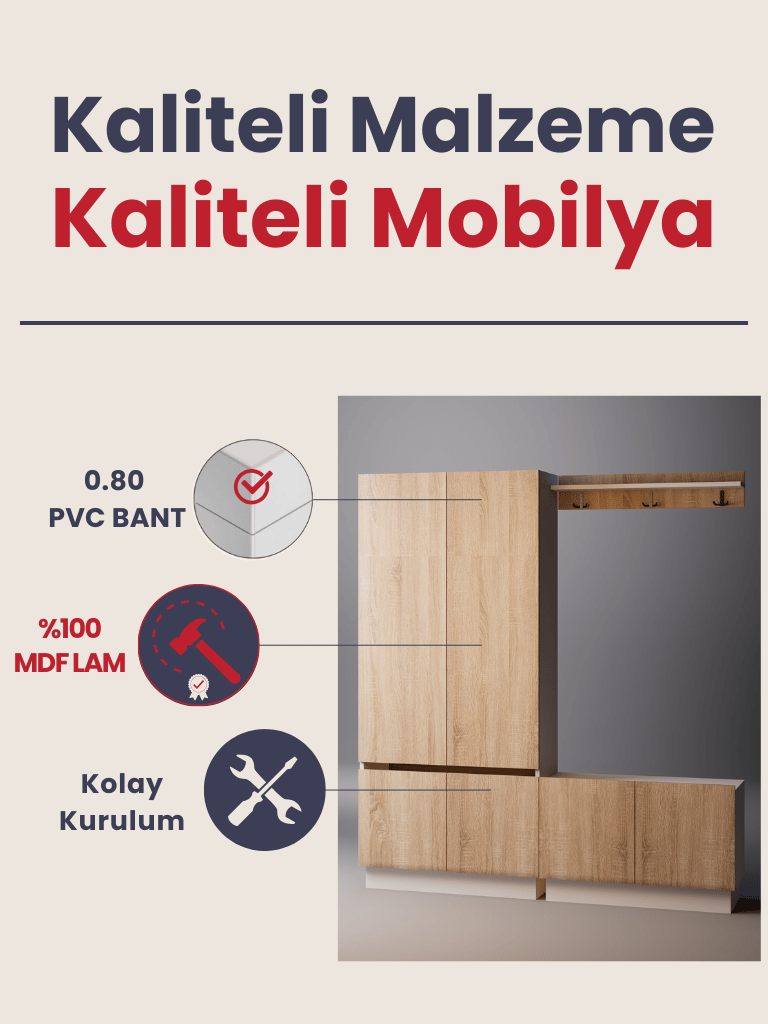 Detamob Lora Geniş Portmanto - Vestiyer Beyaz & Karbon Gri