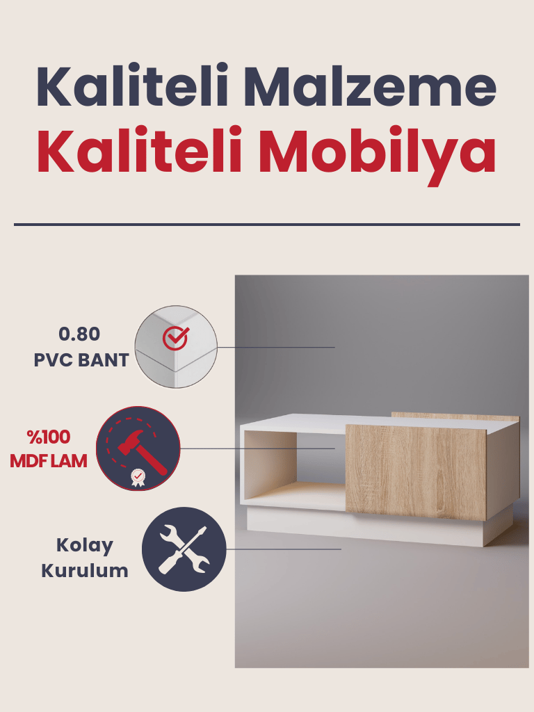 Detamob Lora Kapaklı Orta Sehpa, Beyaz/Sonoma & Karbon Gri/Sonoma