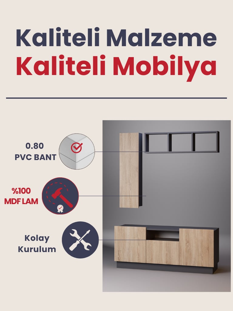 Detamob Lora Tv Ünitesi, Tv Sehpası Açık Raf ve Dolabı, Beyaz/Sonoma & Karbon Gri/Sonoma
