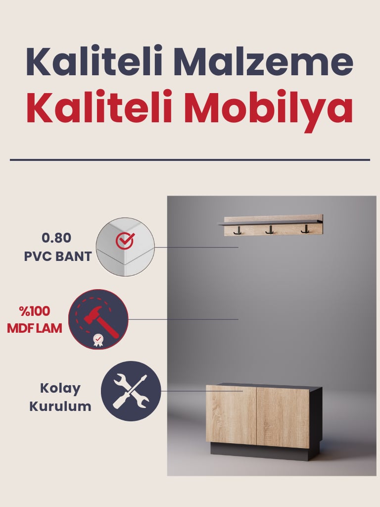 Detamob Lora Vestiyer, Ayakkabılık ve Duvar Askısı, Beyaz/Sonoma & Karbon Gri/Sonoma