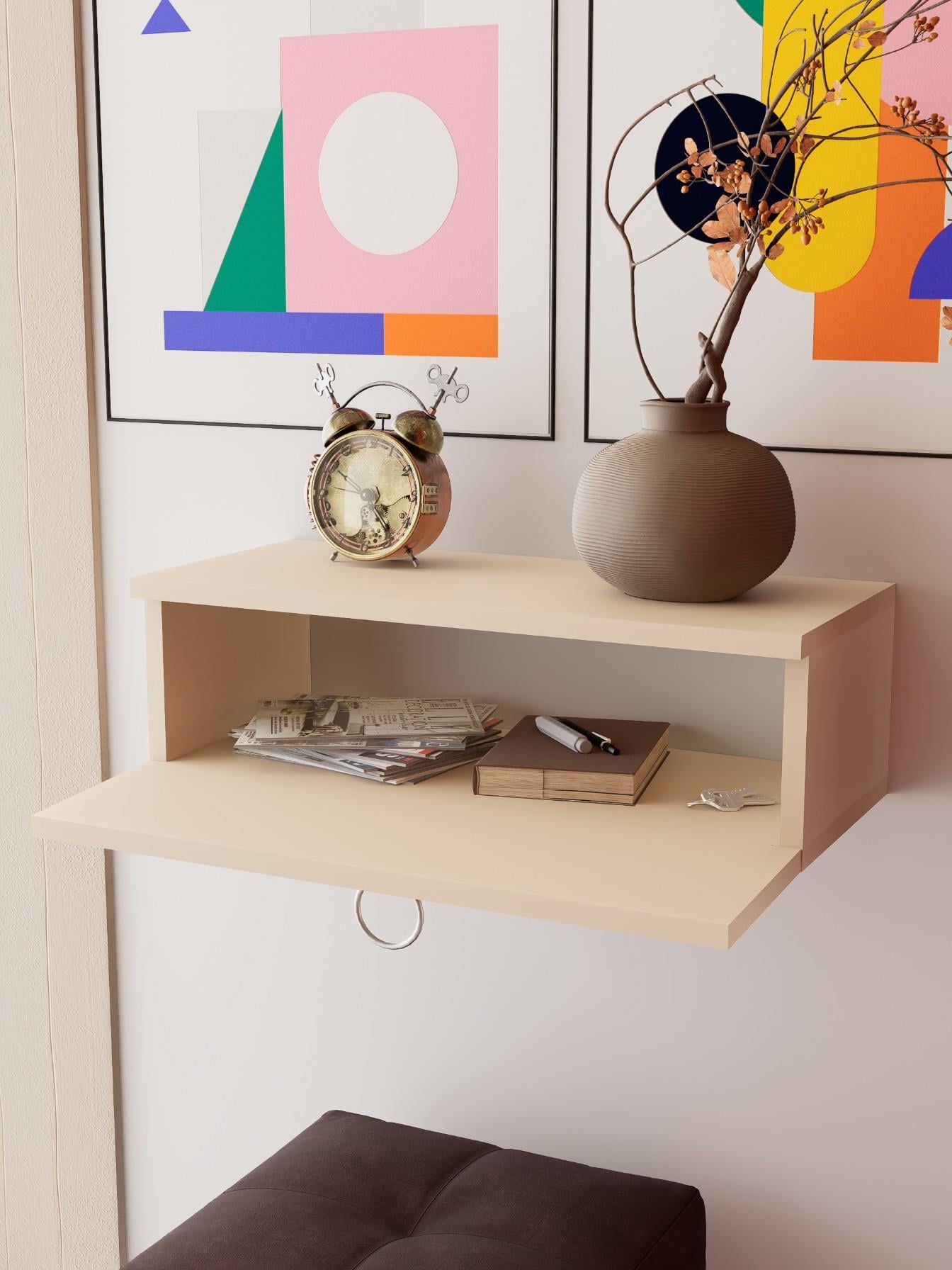 Vizon Rengi Duvara Monte Dresuar | Halka Kulplu Tek Kapaklı %100 MDF Konsol (60cm) | Şık ve Modern Dekoratif Raf (VST07)