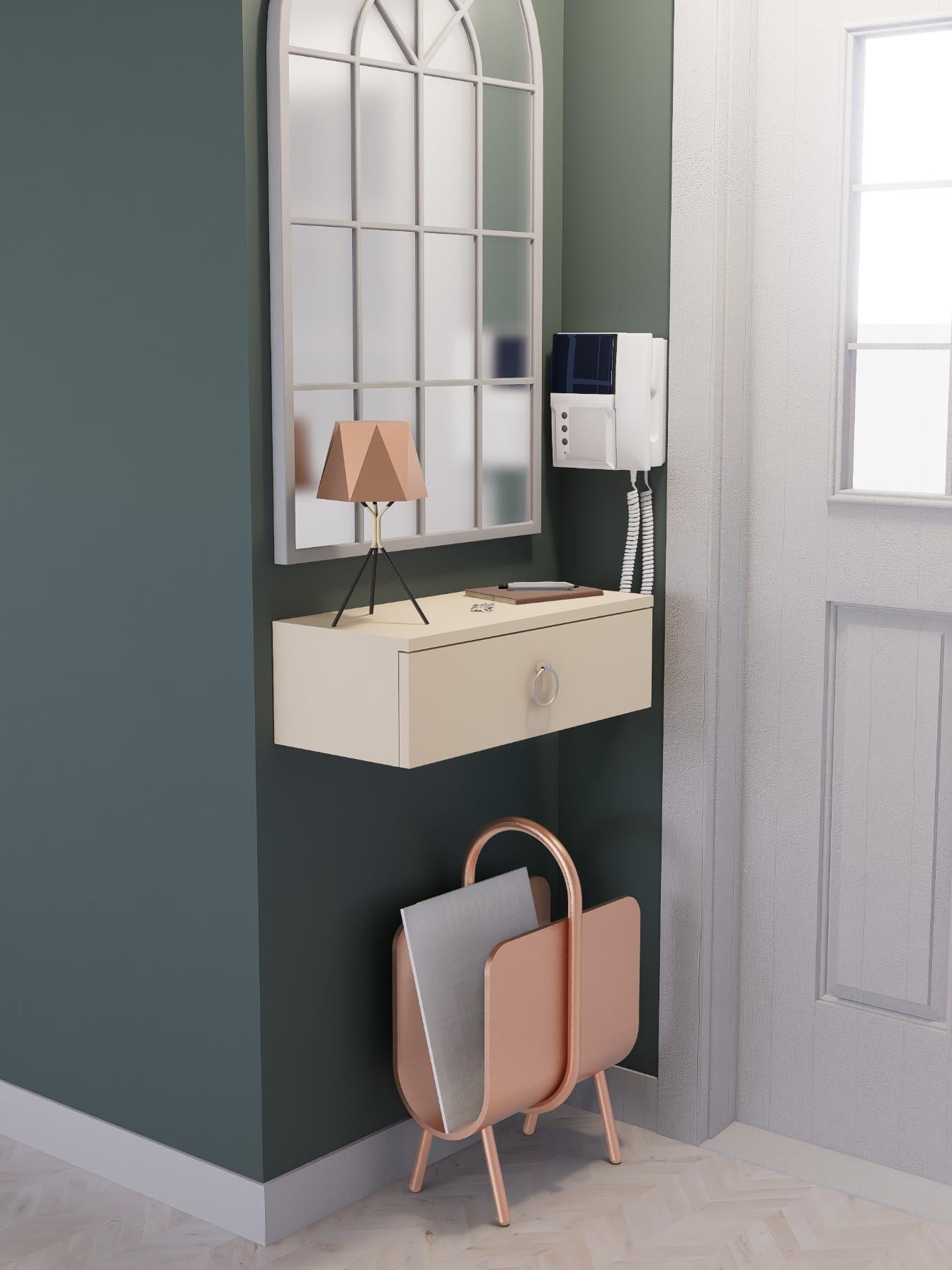 Vizon Rengi Duvara Monte Dresuar | Halka Kulplu Tek Kapaklı %100 MDF Konsol (60cm) | Şık ve Modern Dekoratif Raf (VST07)