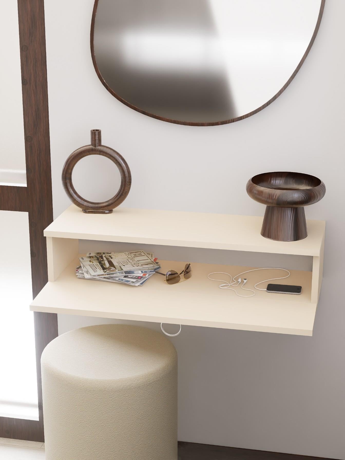 Vizon Rengi Duvara Monte Dresuar | Halka Kulplu Tek Kapaklı %100 MDF Konsol | Şık ve Modern Dekoratif Raf (80 cm) (VST06)