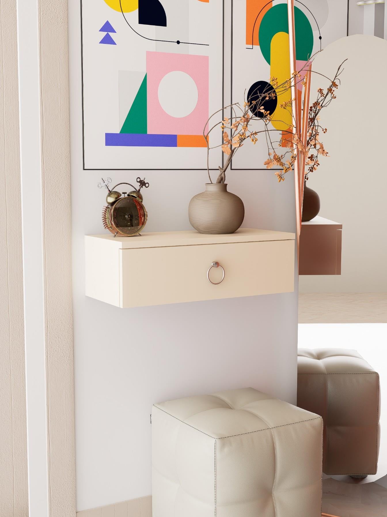 Vizon Rengi Duvara Monte Dresuar | Halka Kulplu Tek Kapaklı %100 MDF Konsol (60cm) | Şık ve Modern Dekoratif Raf (VST07)