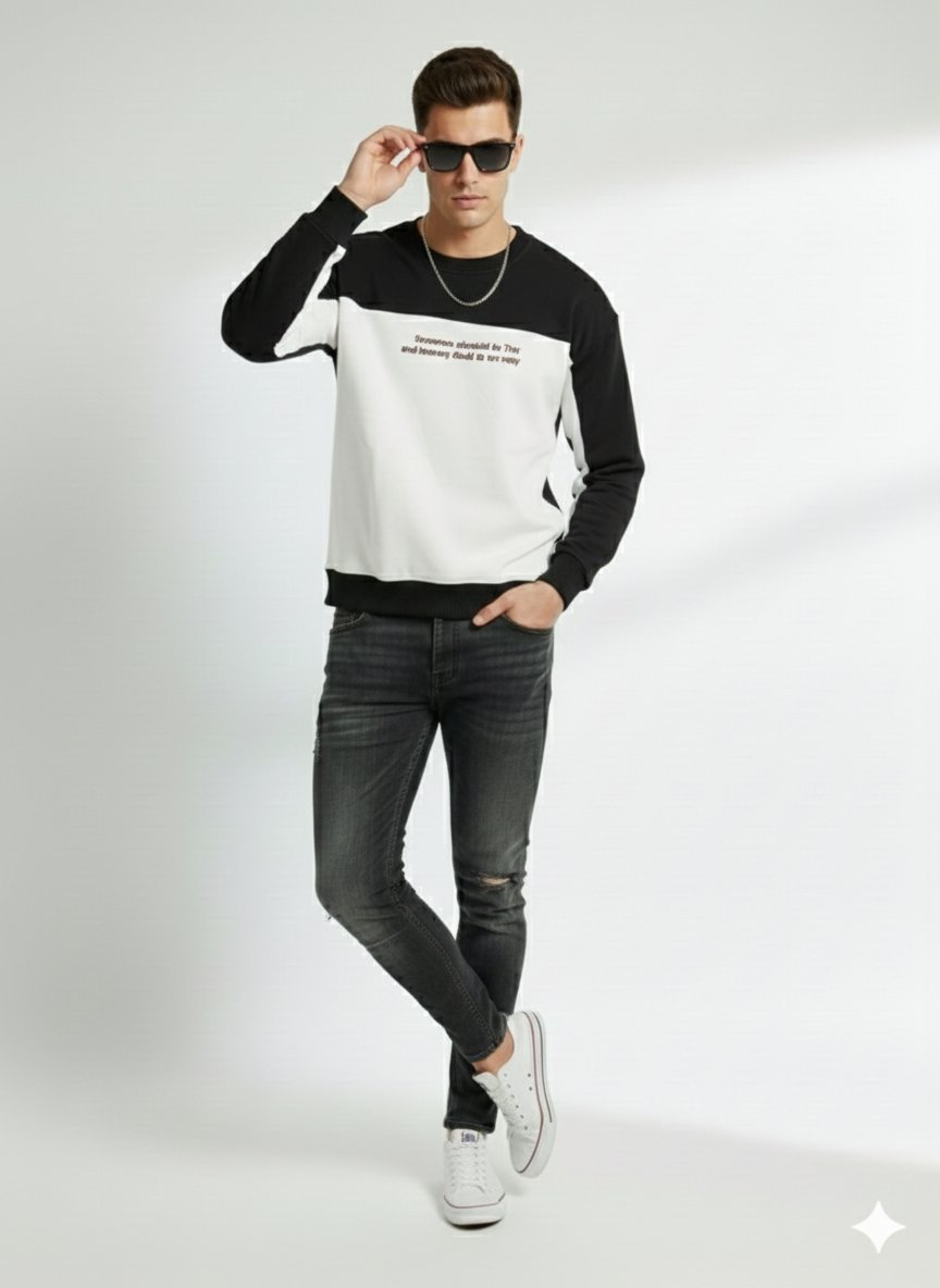 Erkek Bisiklet Yaka Çift İplikli Baskılı İçi Pamuklu Sweatshirt