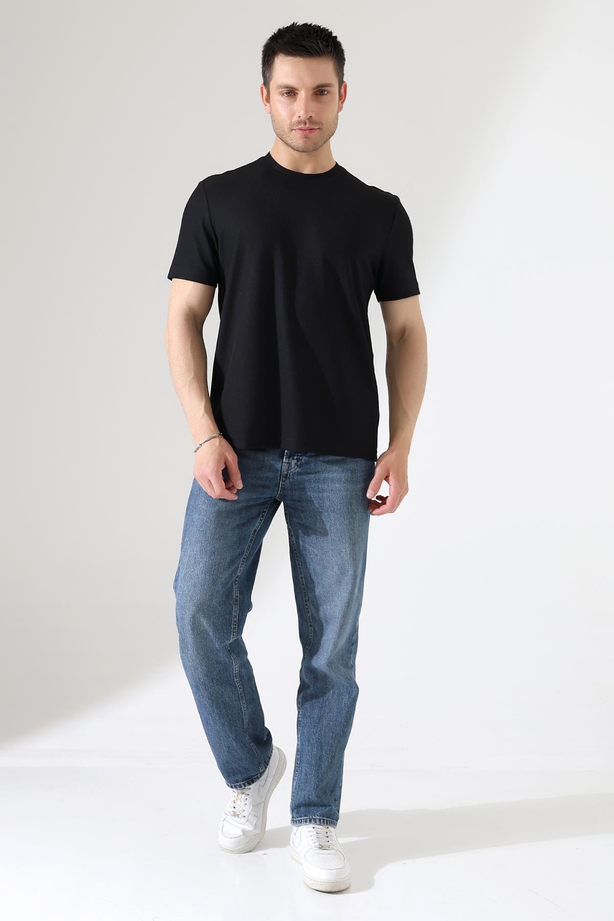 Erkek Fitilli Slim Fit Bisiklet Yaka Düz Renk T-Shirt 