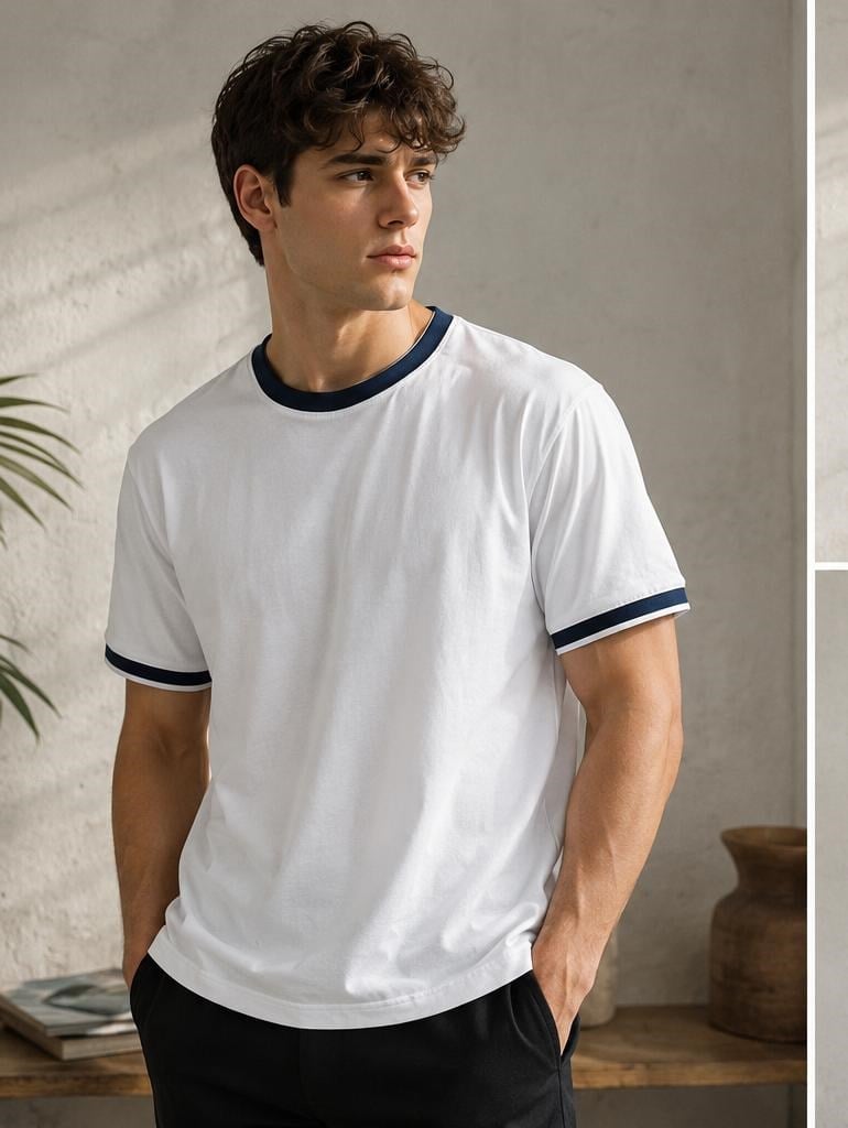 Erkek Kısa Kollu Bisiklet Yaka  Şerit Detaylı Düz Renk T-Shirt 4224