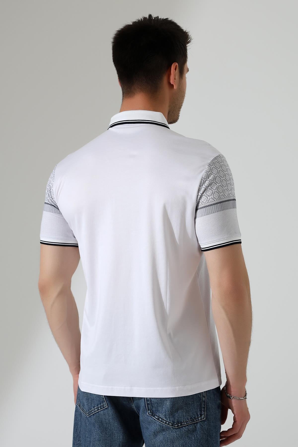 Fermuar Detaylı Desenli Pamuklu Polo Yaka T-shirt