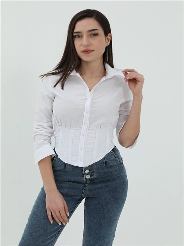 Kadın Beli Lastikli Korse Crop Gömlek