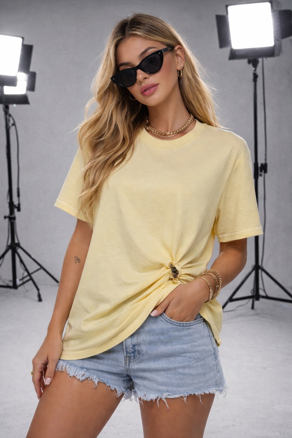 Kadın Bisiklet Yaka Kısa Kollu Gold Yan Toka Detaylı T-Shirt 5035