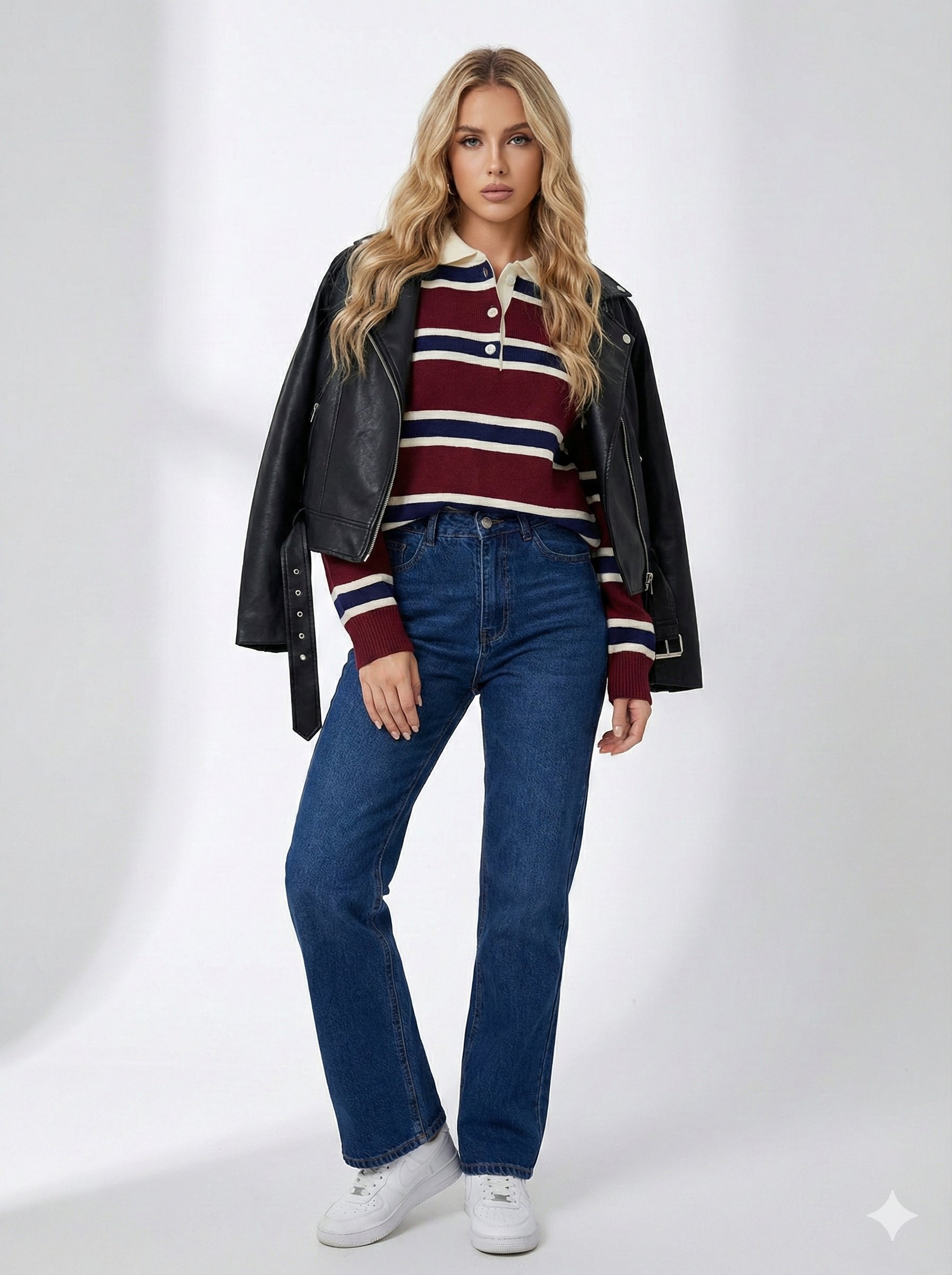 Kadın Çizgili Düğmeli Polo Yaka Kadın Triko Oversize Kalıp Loung Model Kazak 2323